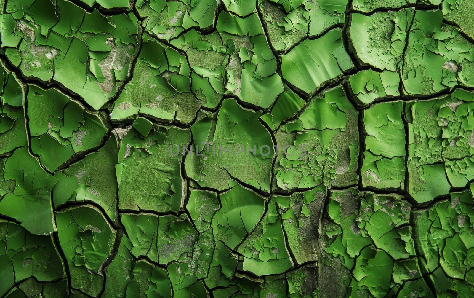 A close-up of weathered green paint flaking off a rough surface, revealing the layers and texture underneath. The peeling paint creates a pattern of wear and decay that speaks to the passage of time