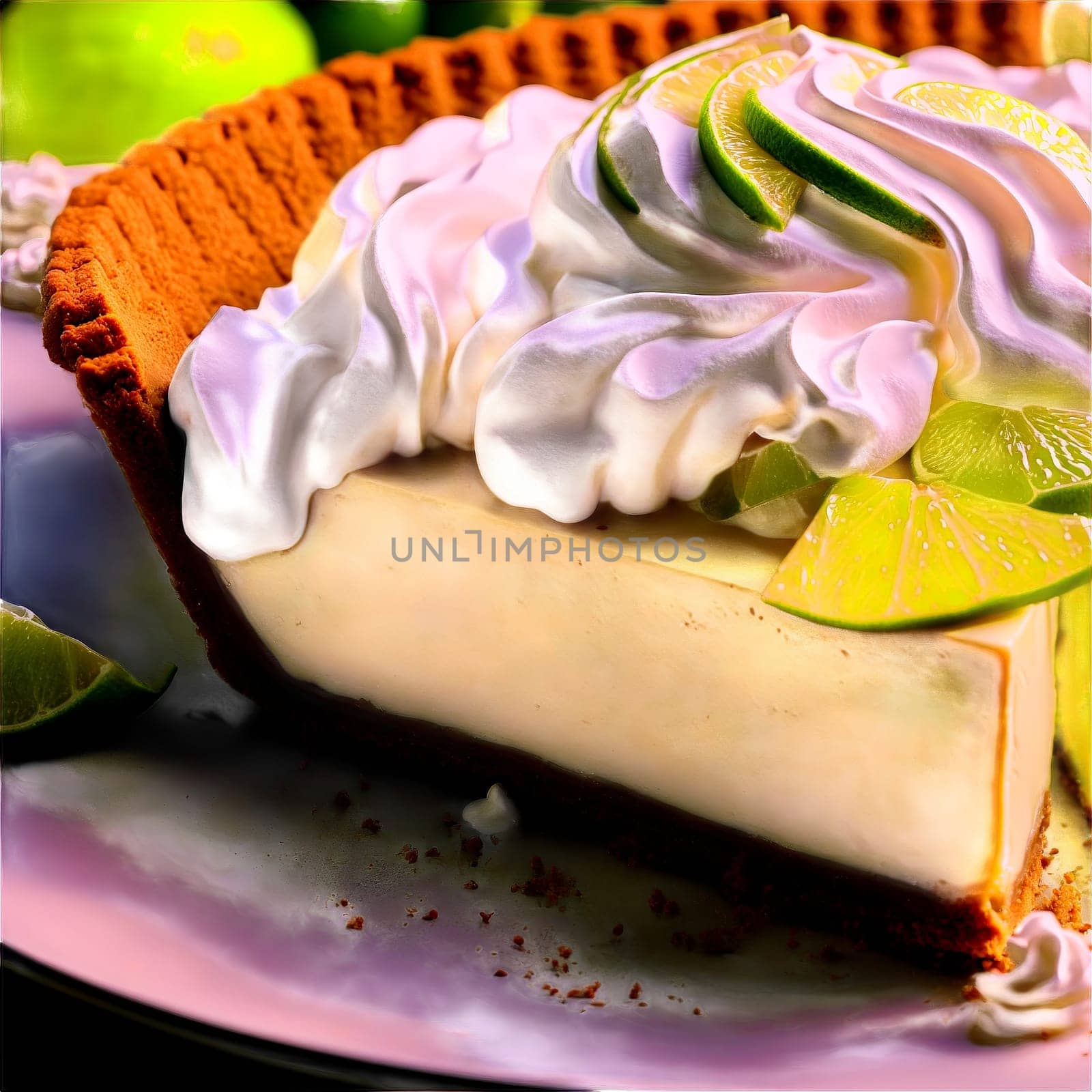 Key lime pie creamy lime filling graham cracker crust dollop of whipped cream lime wedge by panophotograph