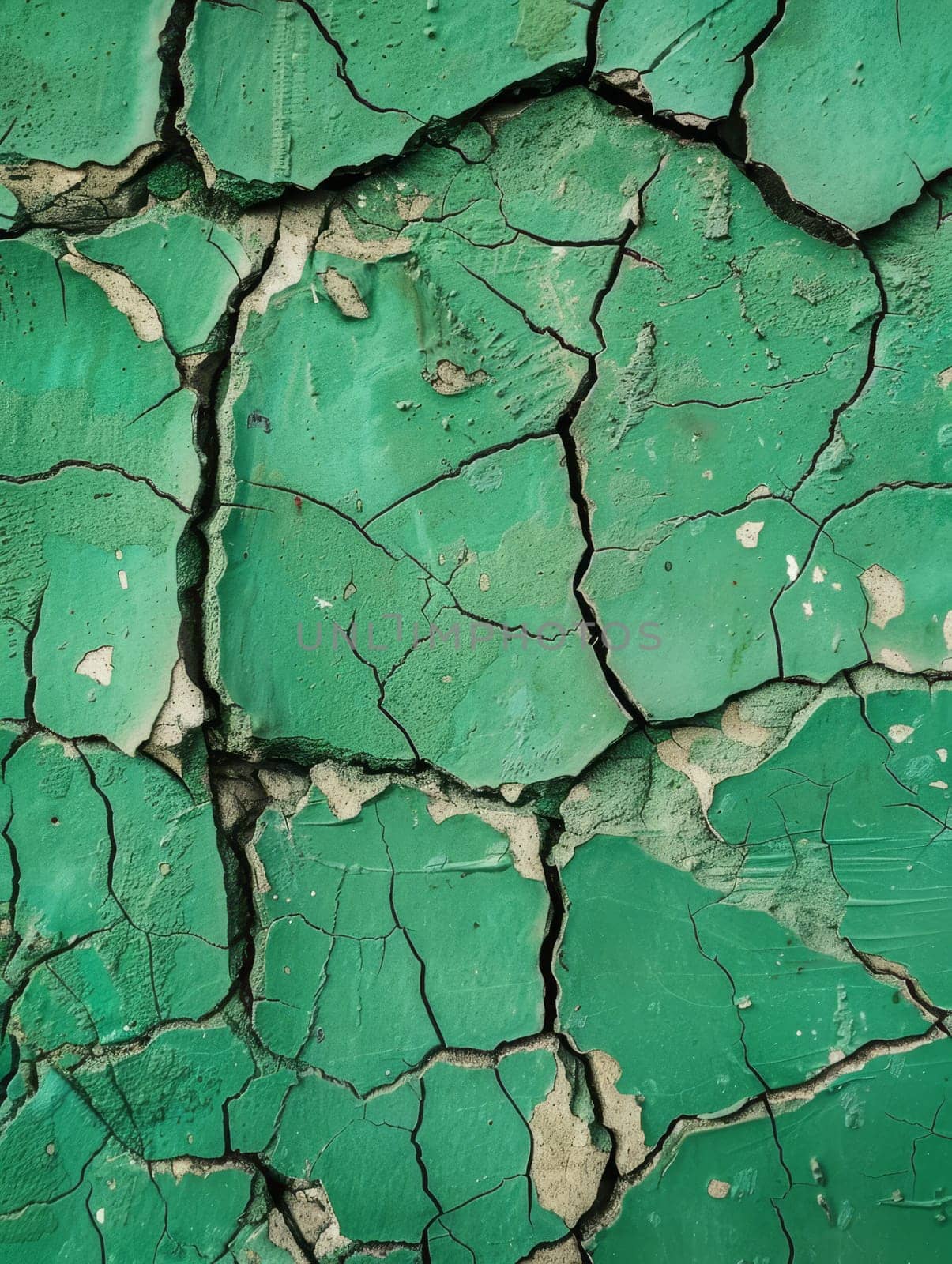 A detailed view of peeling green paint, where the intricate patterns of decay blend with splashes of white, creating a rich tapestry of time's effects