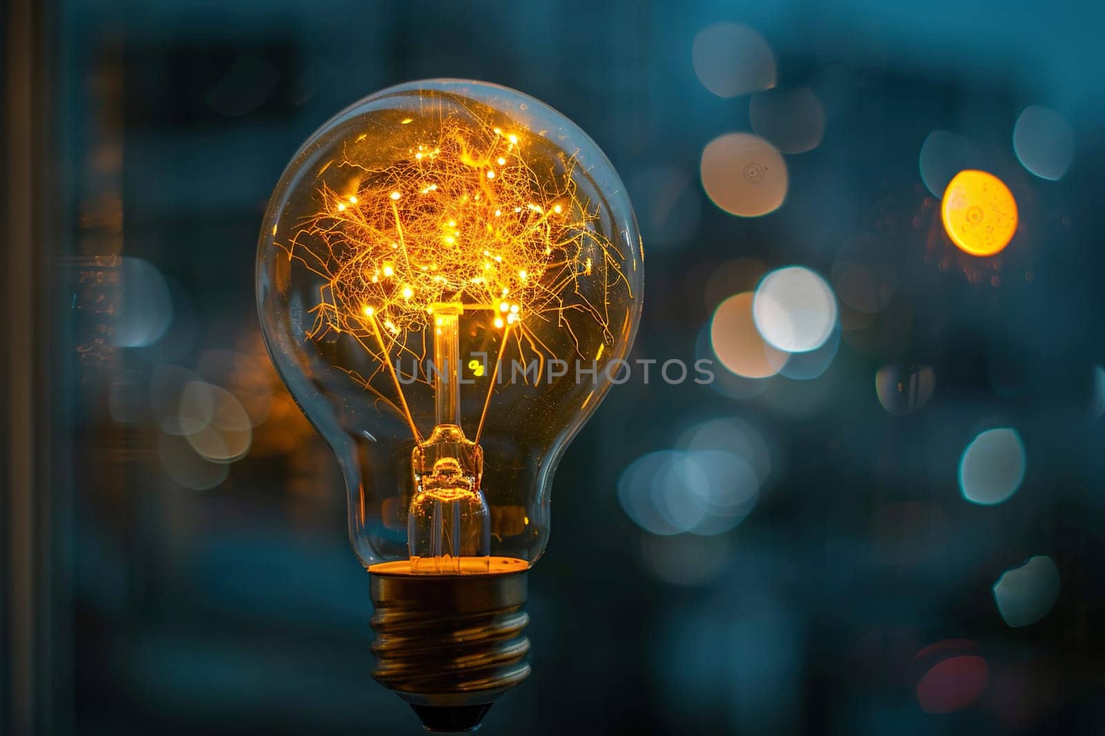 Light bulb with bright yellow light inside on a blurred background.