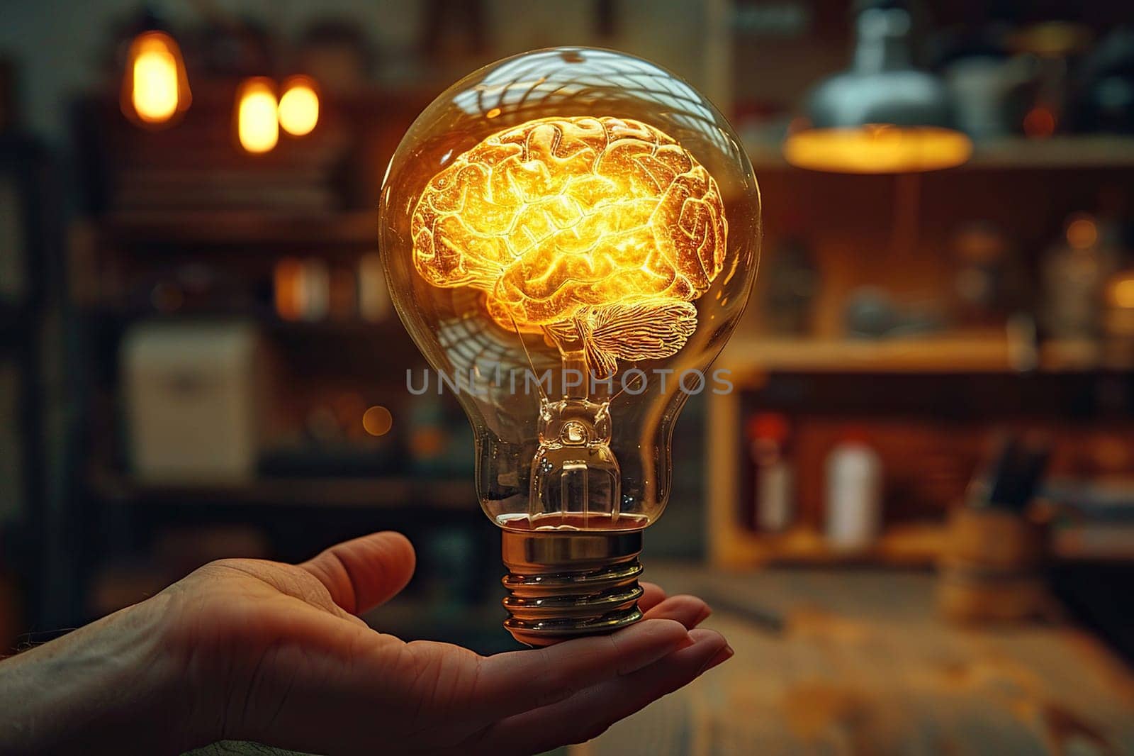 A lamp in the shape of a human brain glows in hand. Healthy brain concept. Generated by artificial intelligence by Vovmar