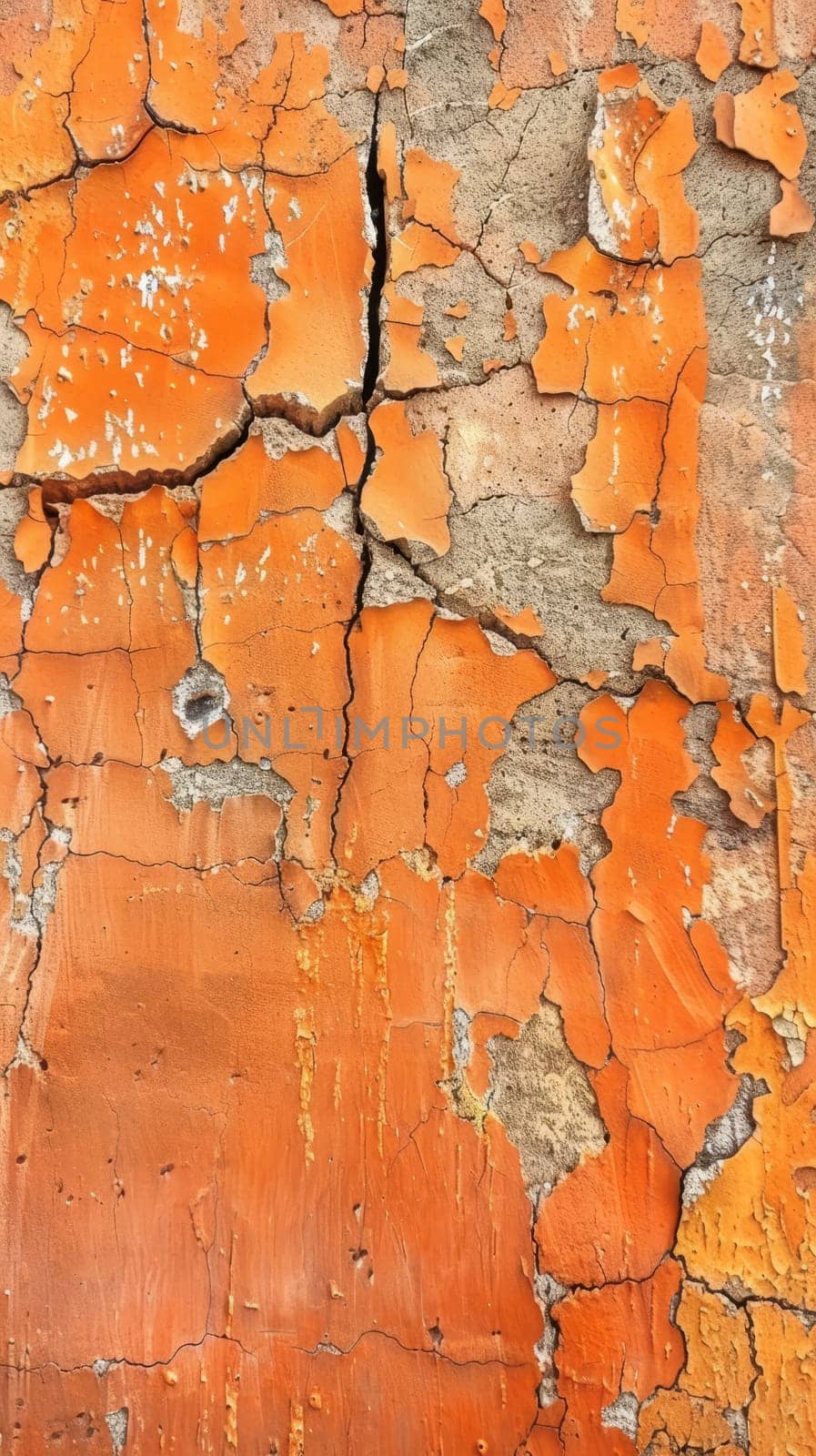 A landscape of cracked orange paint resembles an arid desert floor, a metaphor for the dry passage of time on a once-vibrant surface