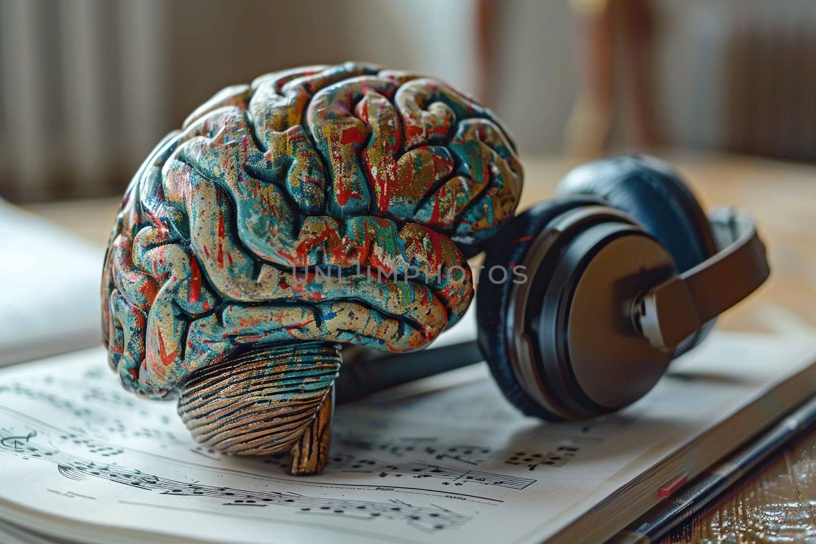 A model of the human brain lies on sheets of music next to the headphones. The concept of the positive effect of music on the brain.