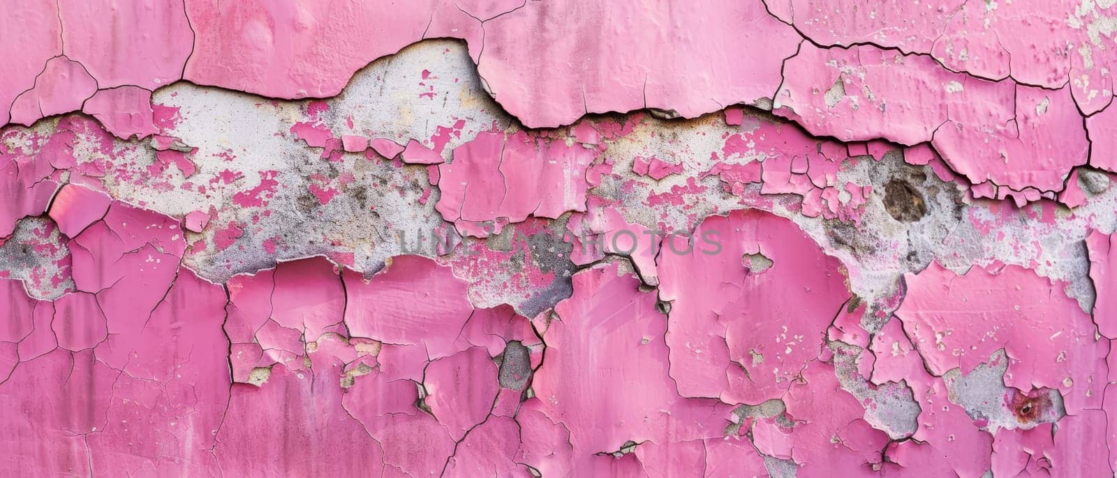 This panoramic image captures the wide expanse of pink decay, where the paint's retreat creates an organic tapestry of weathering and wear