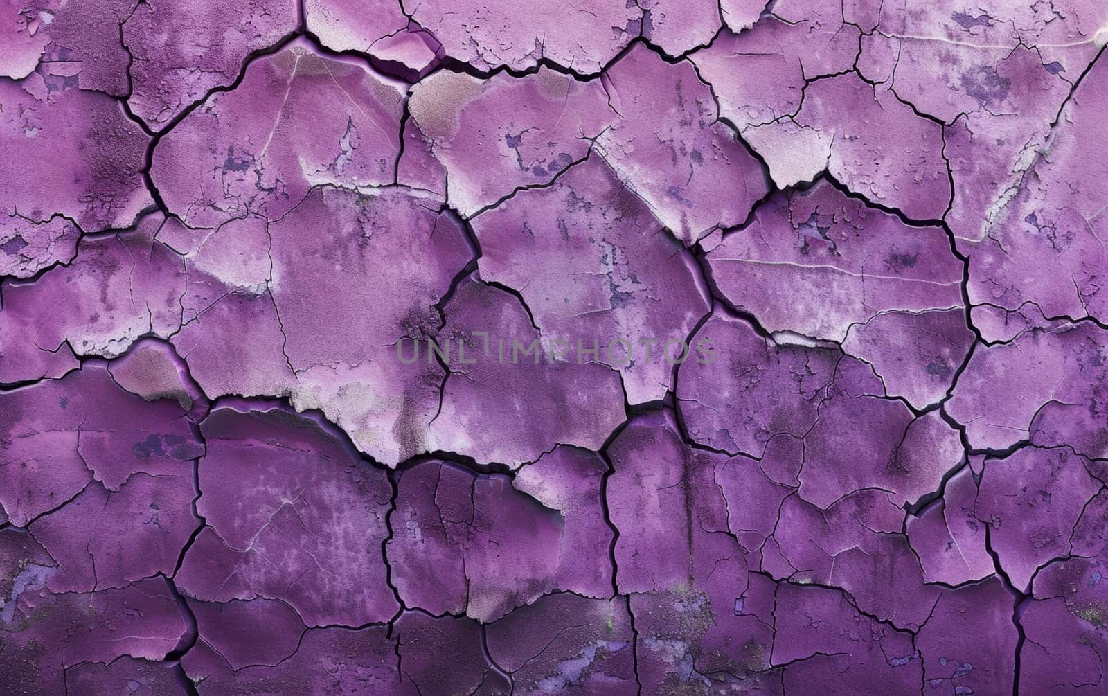 This distressed mural of purple paint showcases a fragmented texture filled with stories and character. The cracked surface becomes an artwork of time's influence