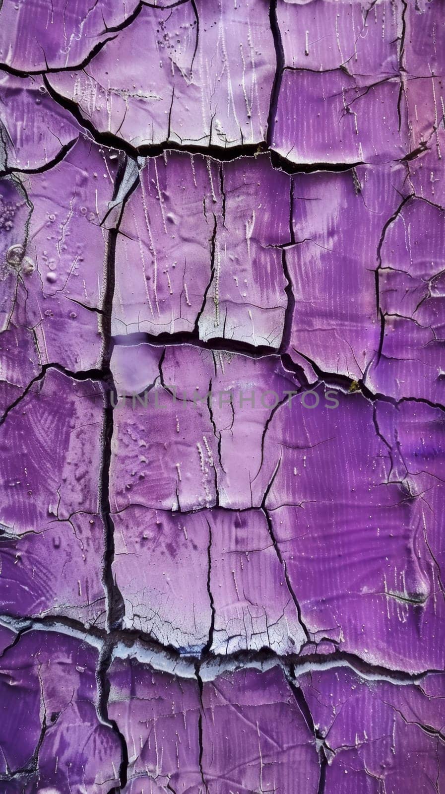 A vibrant purple surface shows a complex network of cracks and chips. The texture highlights the beauty of decay and the passage of time