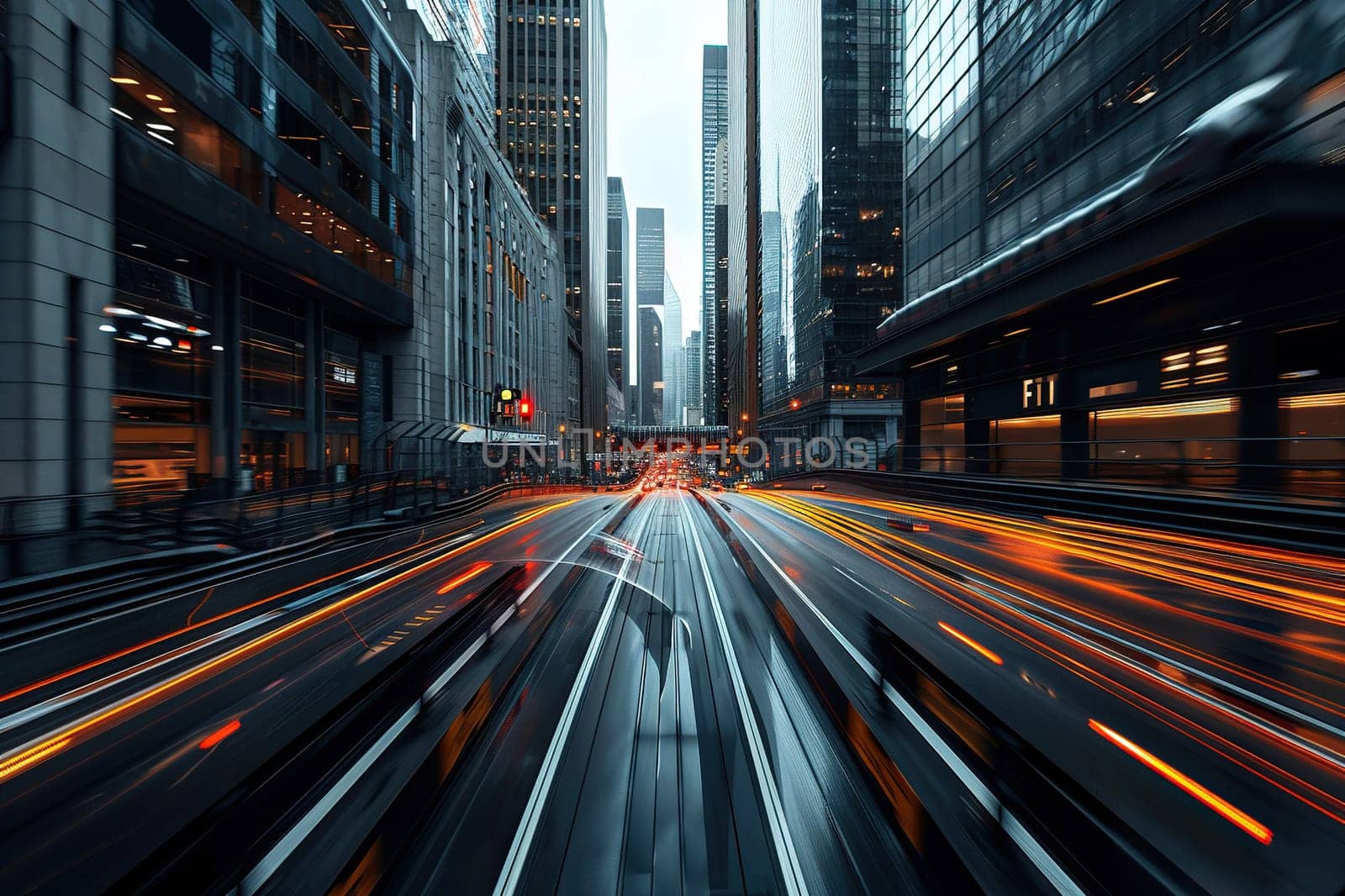 Photo in motion depicting a highway in a metropolis. Light paths against the background of skyscrapers. Generated by artificial intelligence by Vovmar