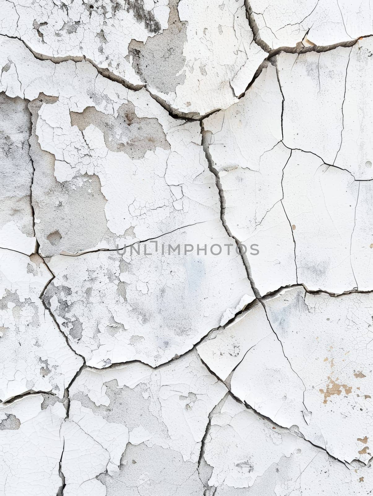 The stark white wall displays a web of crackled paint, showcasing the beauty of age and natural decay. The texture speaks to the enduring character of surfaces over time