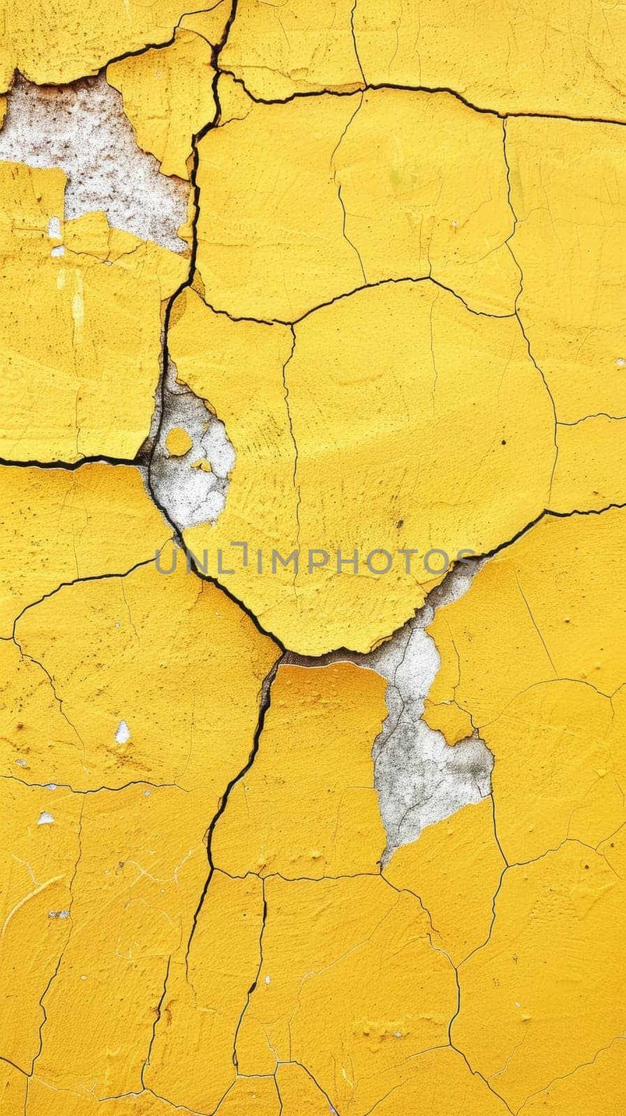 Mustard yellow paint shows a labyrinth of cracks, creating an intricate pattern of wear. The image reflects the unpredictable beauty of aging materials