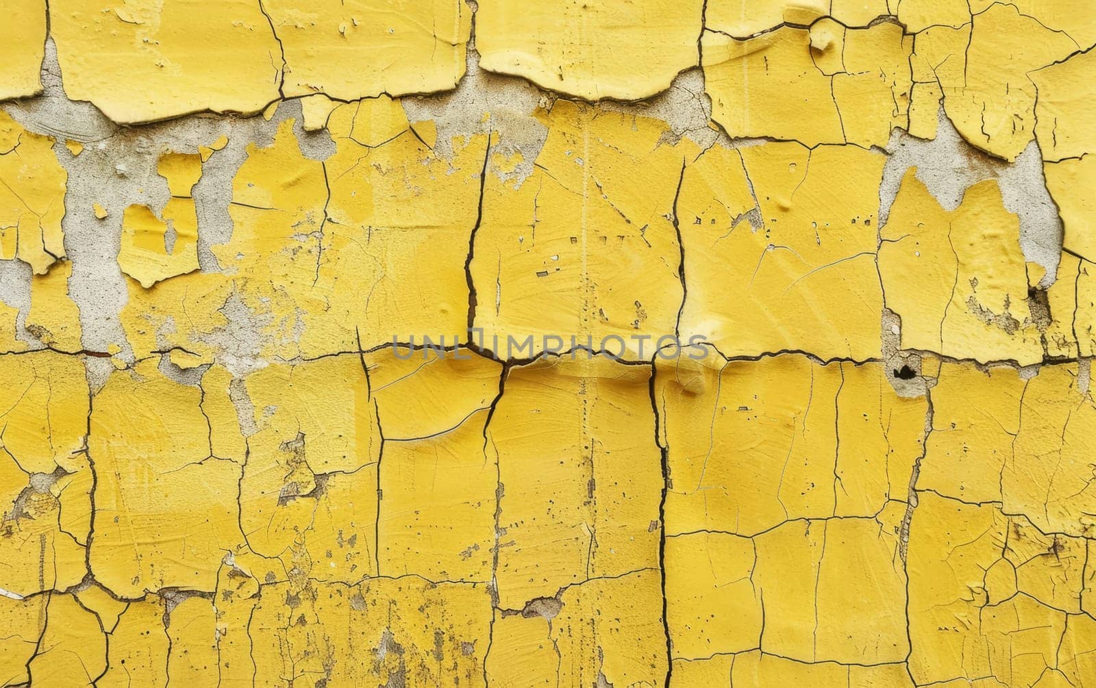 A vivid yellow paint layer cracks and peels, offering an abstract mosaic of color and texture. The image captures the intriguing effects of weathering on surfaces