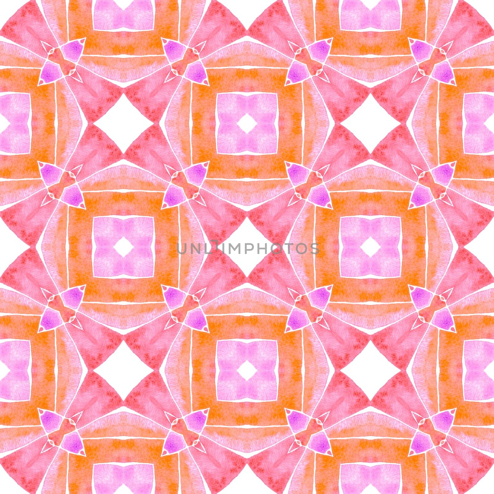 Watercolor ikat repeating tile border. Orange lively boho chic summer design. Ikat repeating swimwear design. Textile ready gorgeous print, swimwear fabric, wallpaper, wrapping.