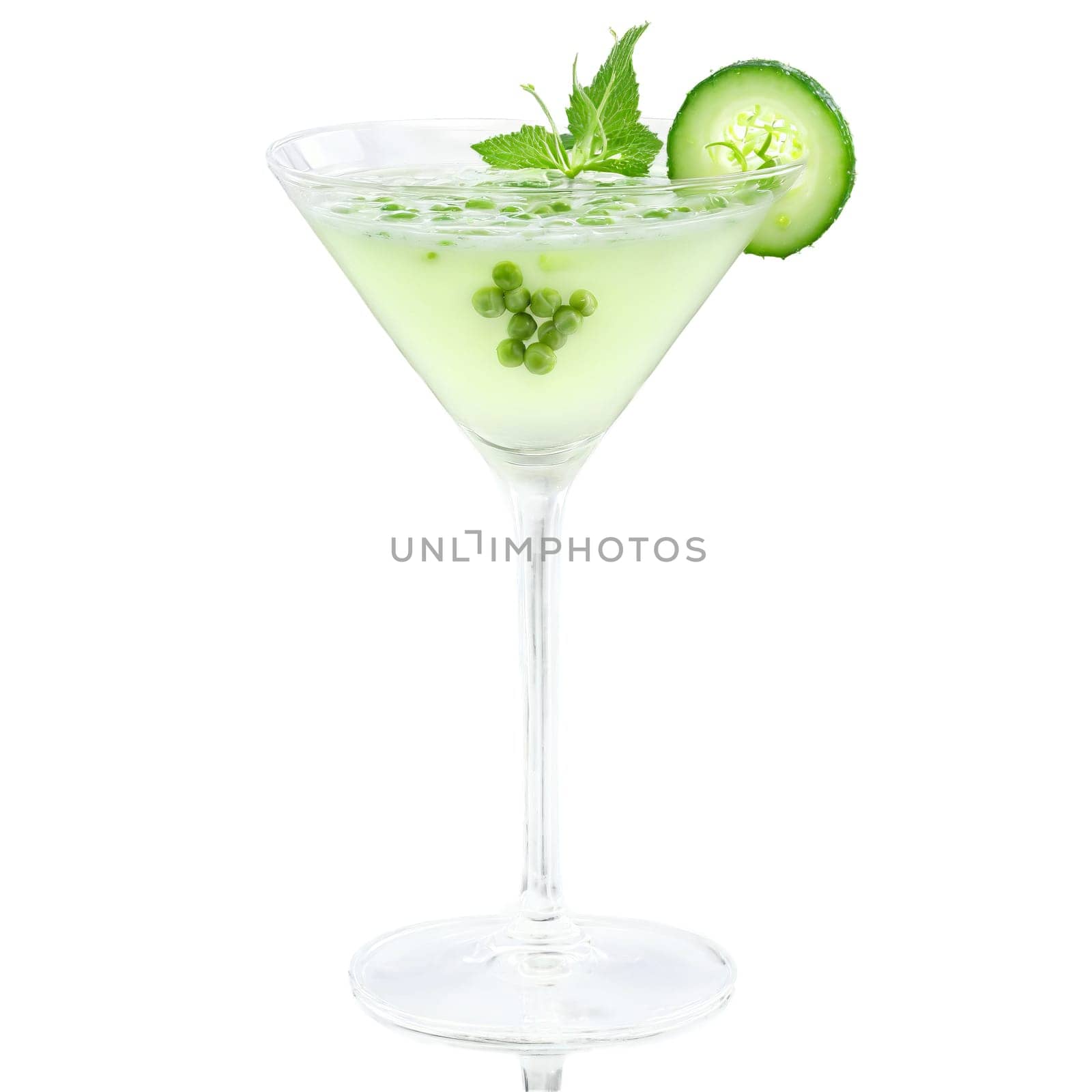 Cucumber wasabi martini with wasabi peas and cucumber ribbon garnish floating Food and culinary concept by panophotograph