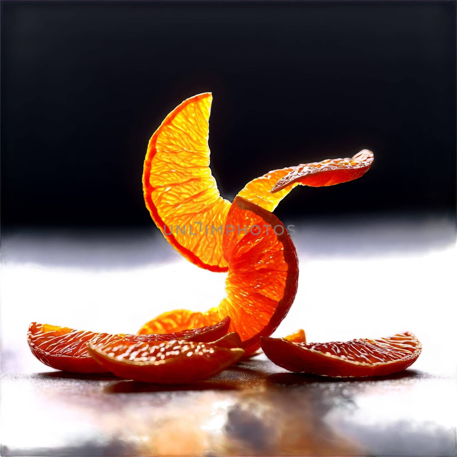 Dried tangerine peel slivers vibrant orange with a zesty scent dancing vivaciously as if celebrating by panophotograph
