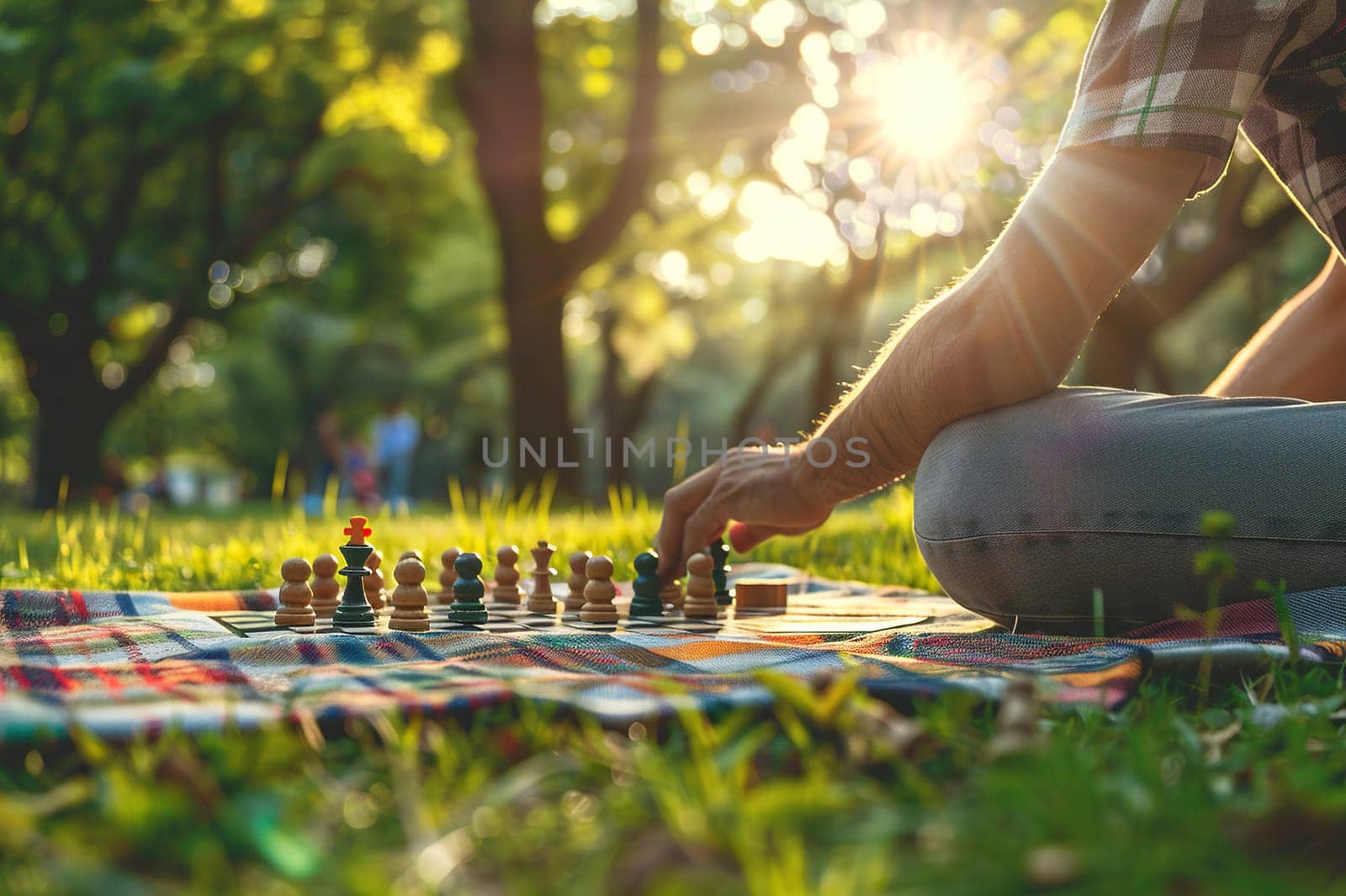 Chessboard with pieces on a blanket in the park. Hobby and leisure concept. Generated by artificial intelligence by Vovmar