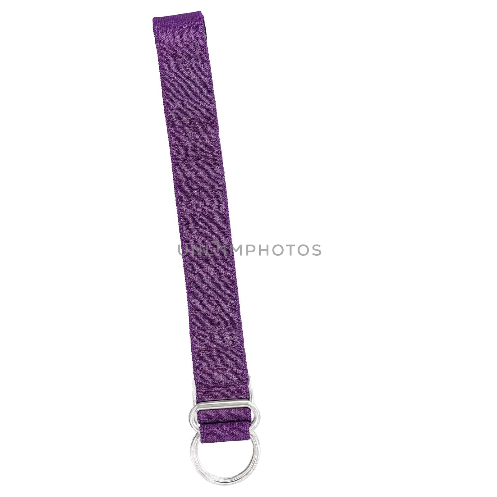 Yoga Strap long purple woven strap with a silver D ring buckle folded in half by panophotograph