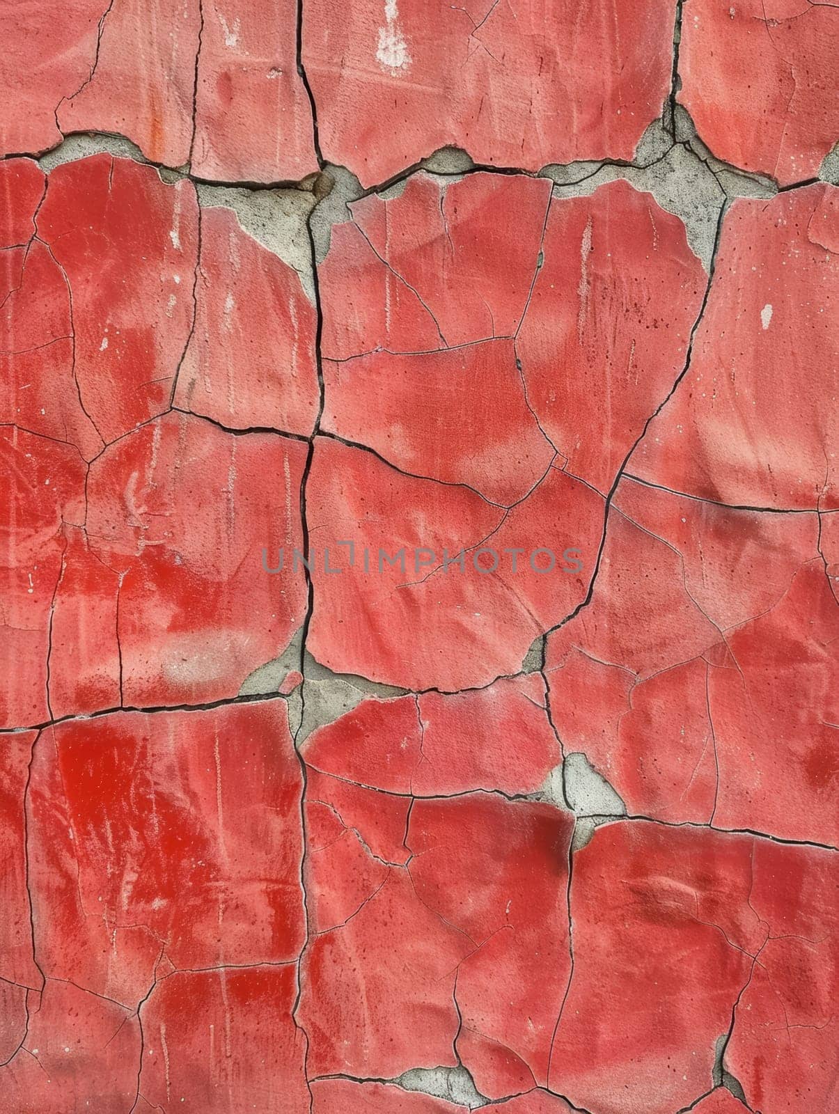 A vibrant red plaster is marred by deep cracks and erosion, showcasing the impact of time and elements on man-made structures. The texture is a canvas of decay