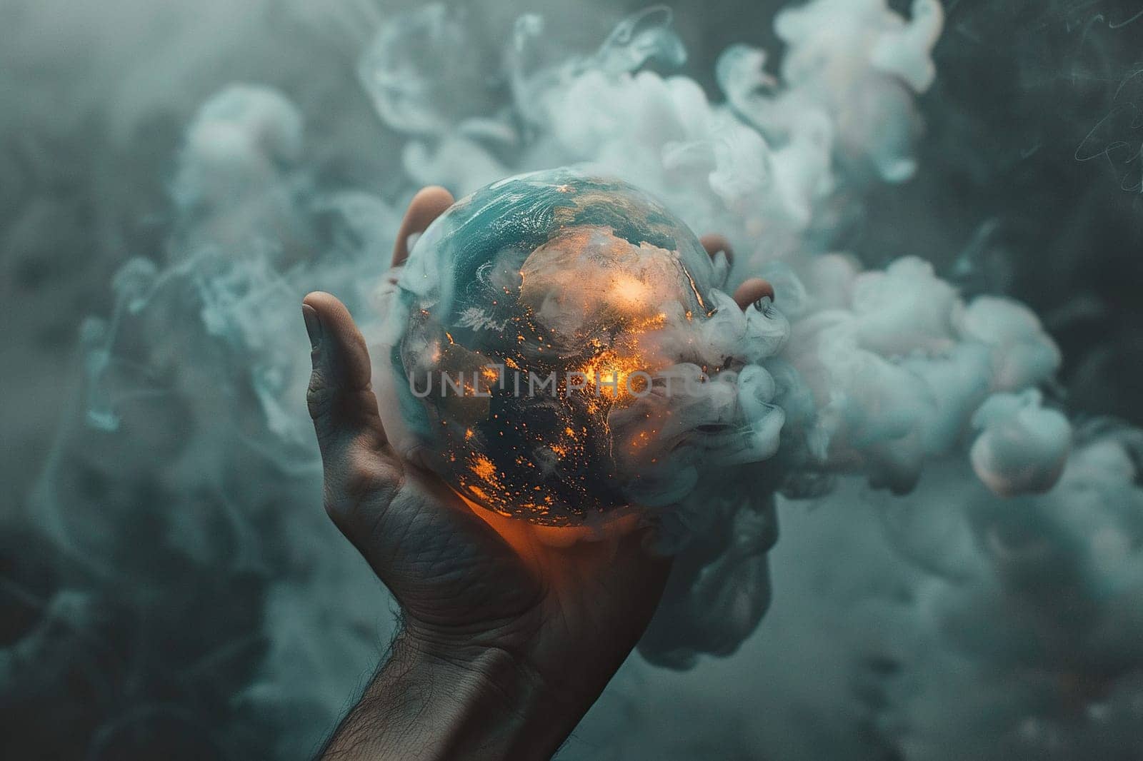 A hand holds the planet earth, shrouded in fire, on a dark background. Global catastrophe concept.