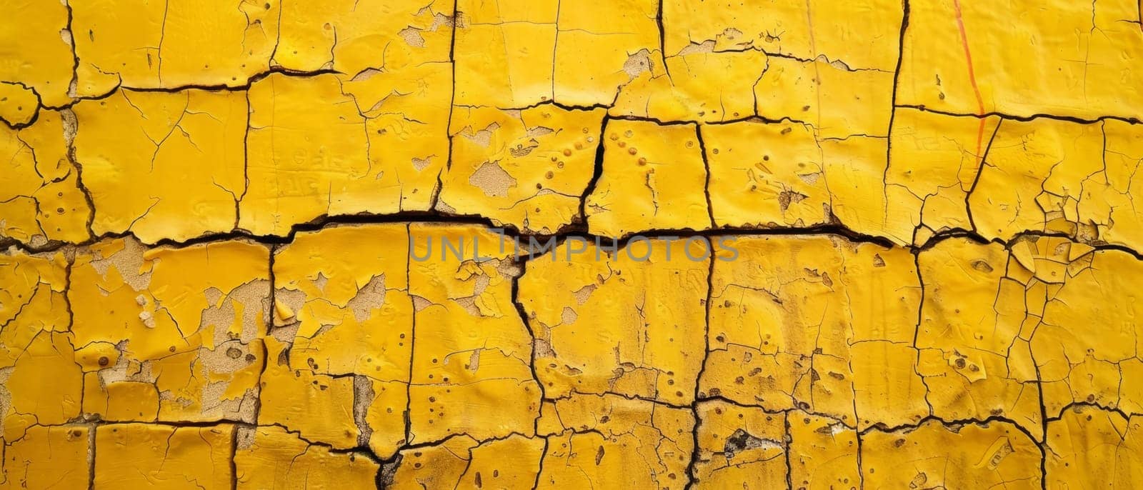 Layers of yellow paint crack and peel away, revealing the raw texture of the wall beneath. The image evokes a sense of history and change