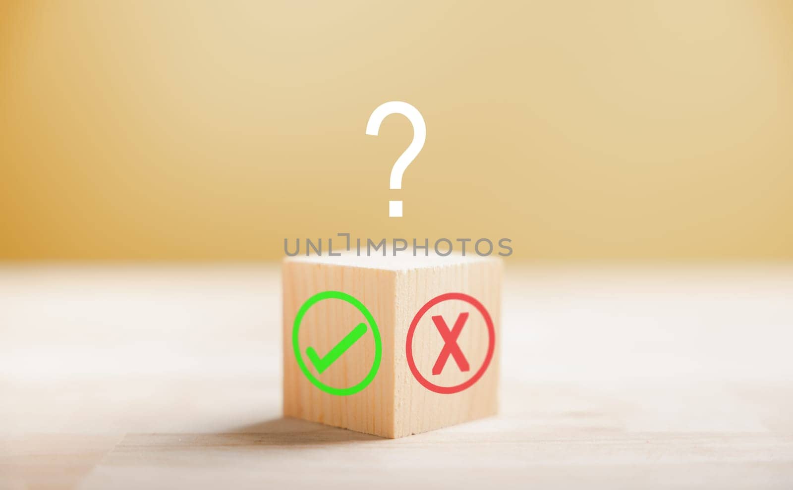 Green check mark and red x on wooden block signify decision making. Choice concept presented. Think With Yes Or No Choice. by Sorapop