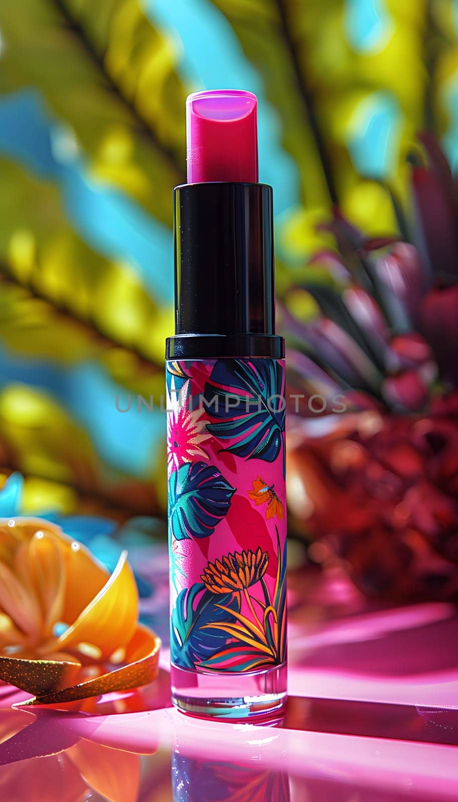 A magenta liquid lipstick is placed on a table next to a purple pineapple. The cosmetics and plant colors create a unique contrast in shades of violet and magenta