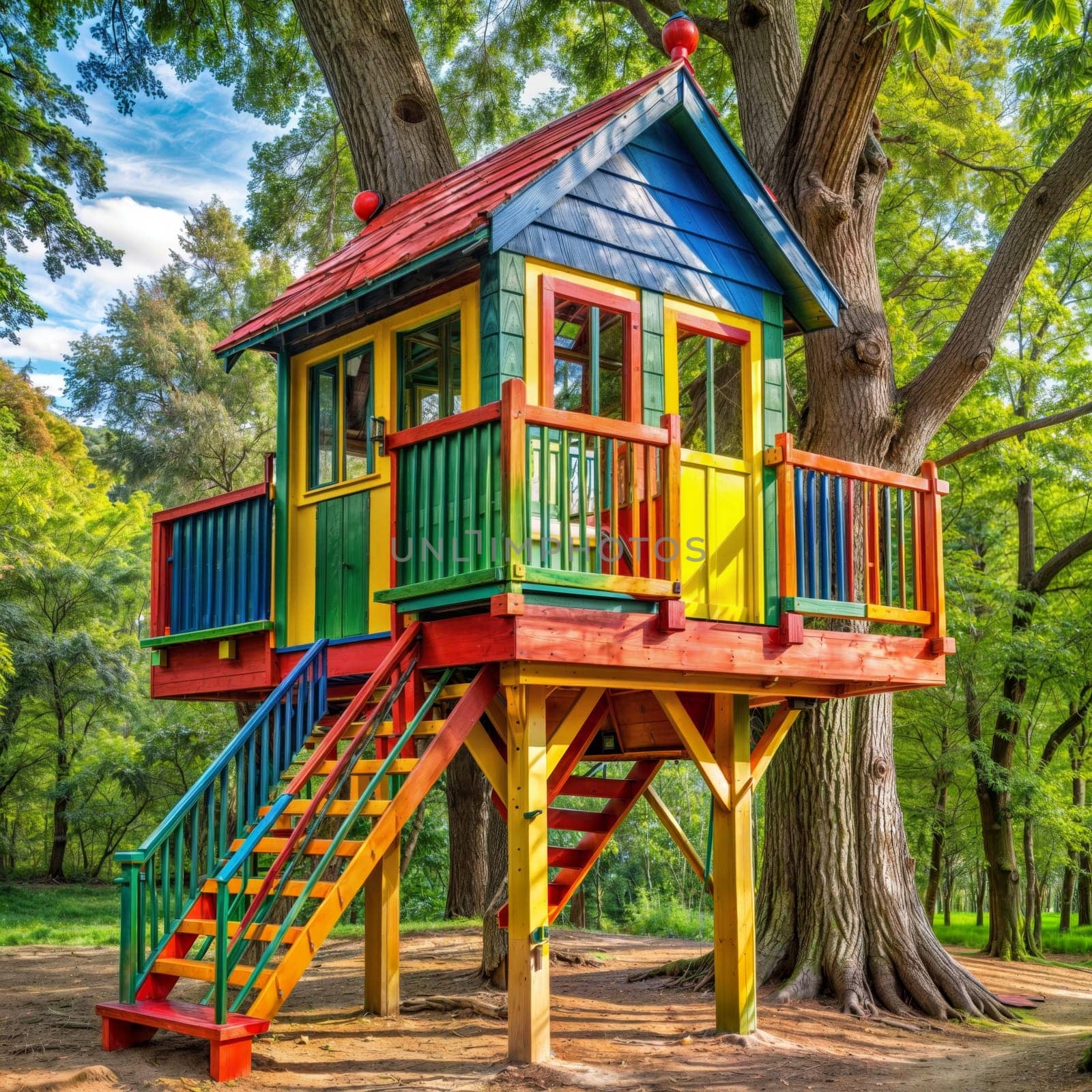 A vibrant tree house made of wood is perched atop a tall tree surrounded by lush green grass in a park, creating a playful and unique leisure space for children. AI generation