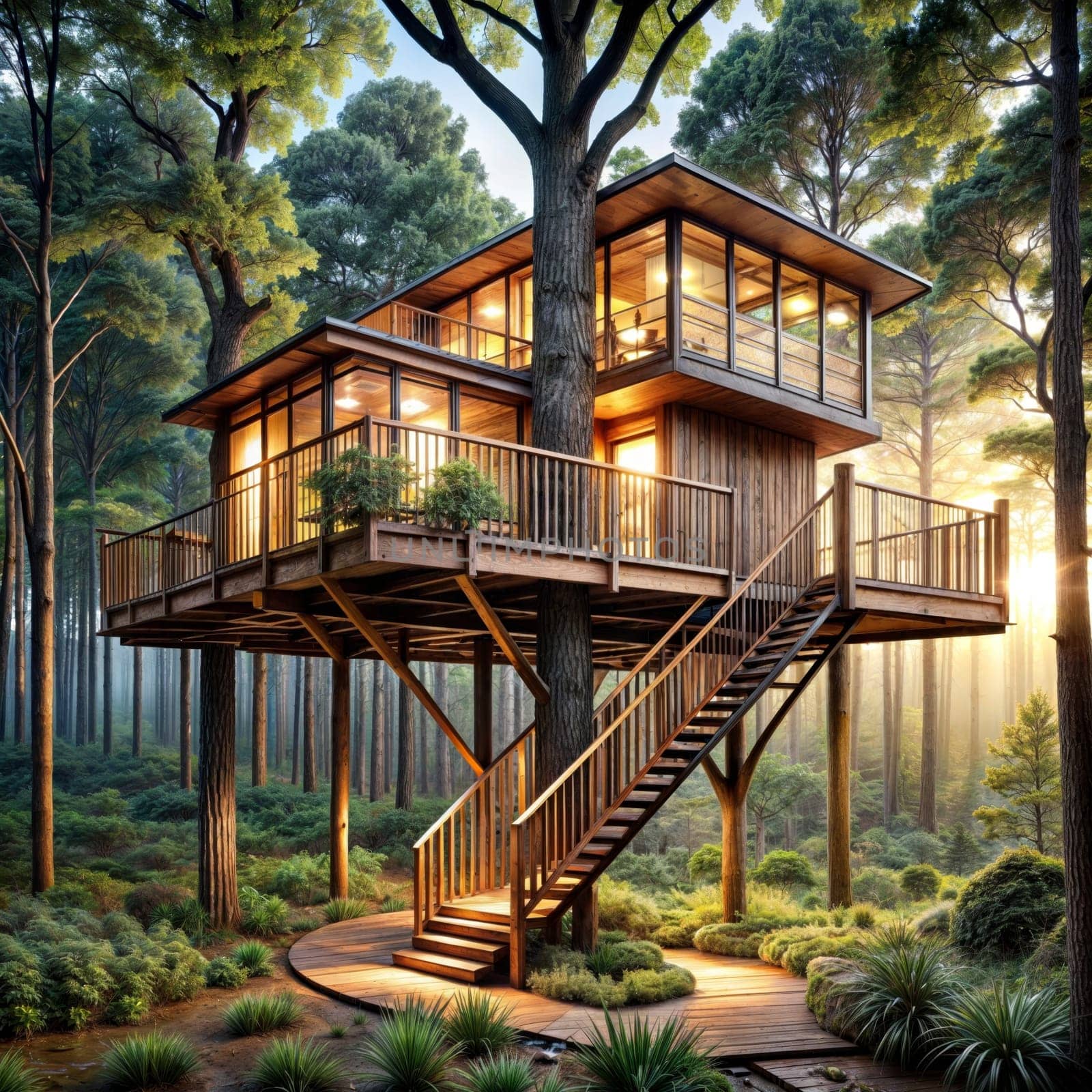 Tree house with stairs in forest, surrounded by natural landscape by vicnt