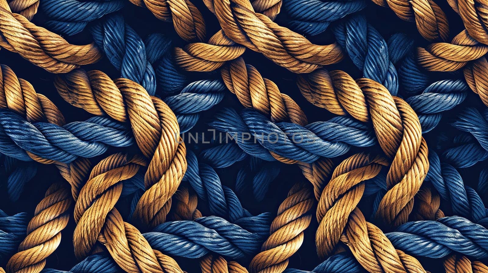 Horizontal background with rope texture. Interweaving blue and brown ropes. Generated by artificial intelligence by Vovmar