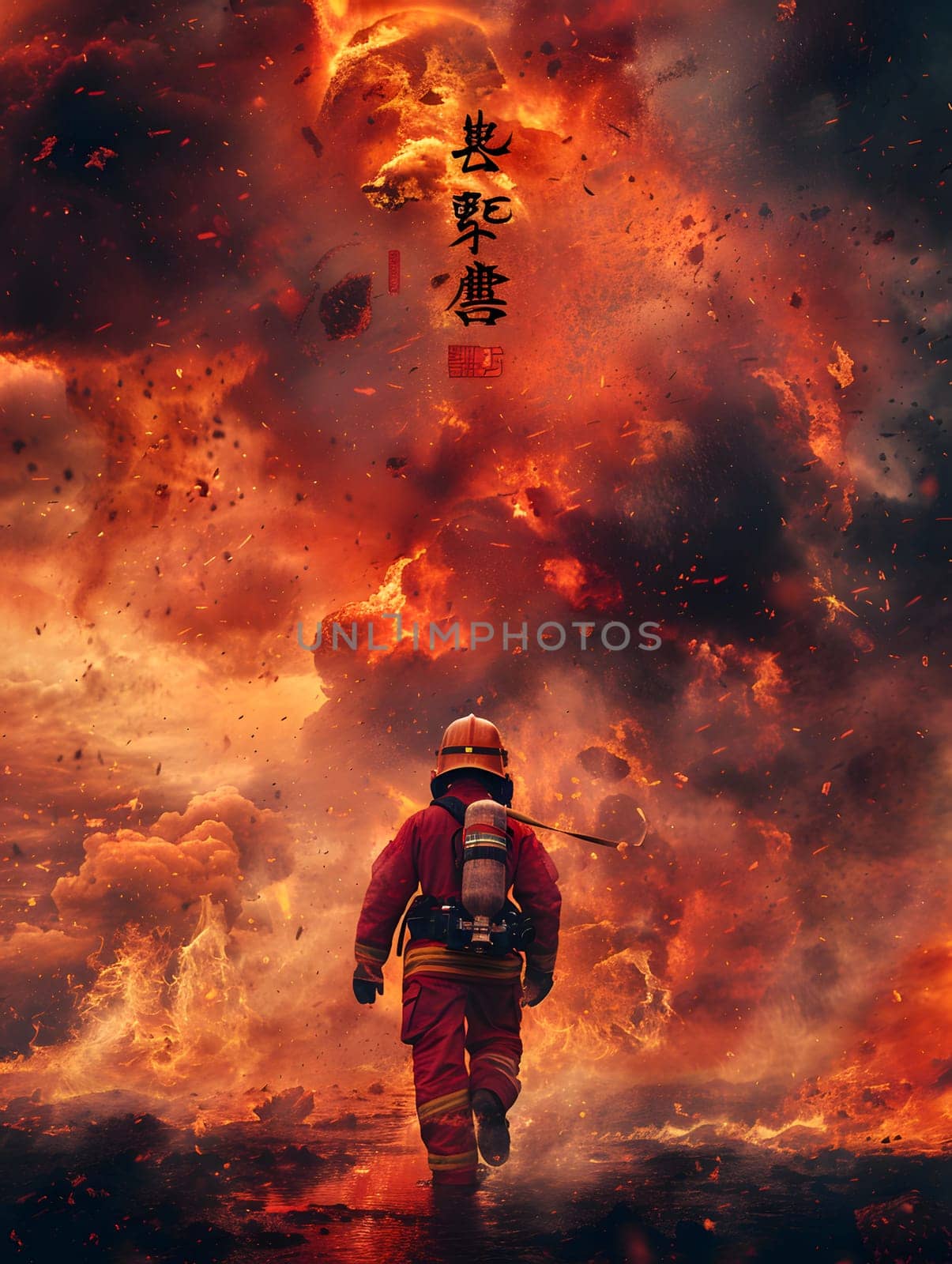 A firefighter is bravely navigating through a hazardous field of wildfire, encountering intense heat, flames, smoke, and pollution in the air