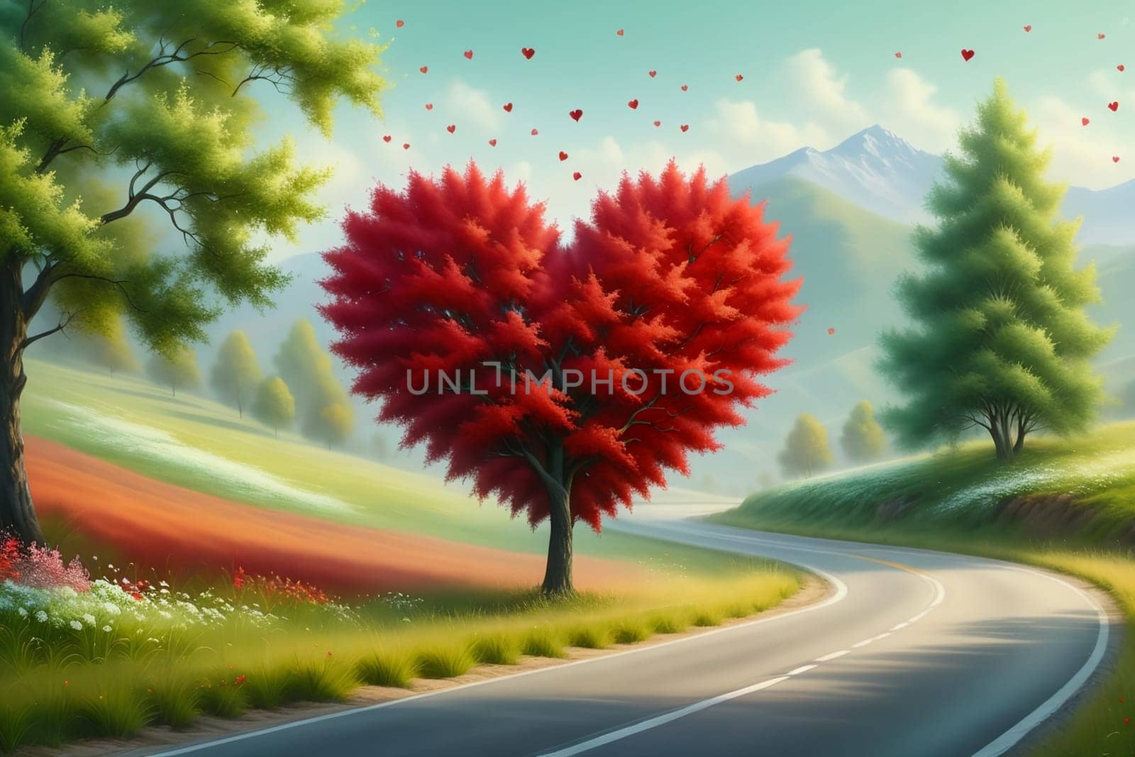 Red heart-shaped tree by the road. Valentine background. Love. Valentine's Day greeting card .