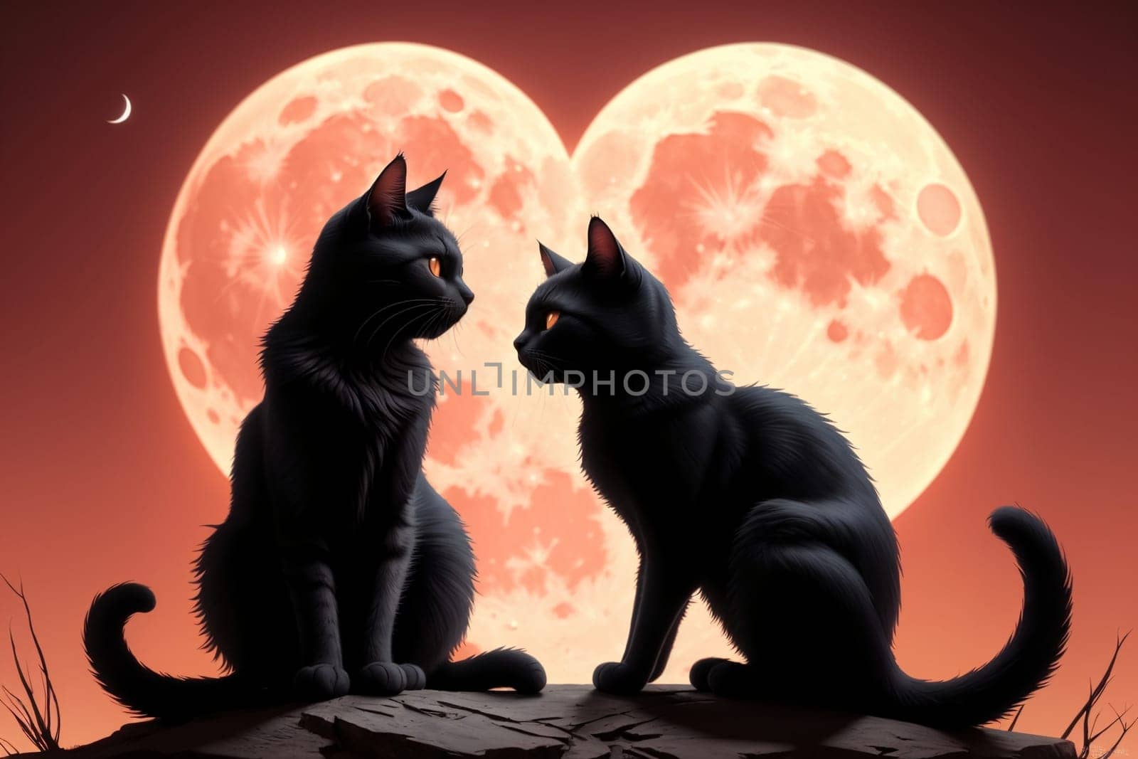 two cats love each other, sit by the moon in the evening, art .