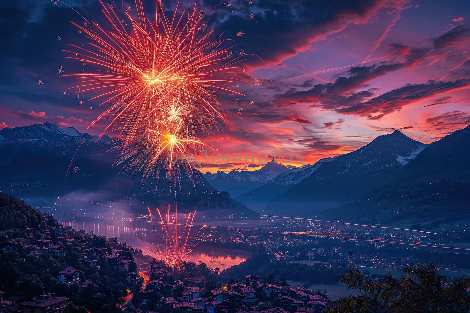 Colorful fireworks over the city and river in the mountains. Holiday celebration background.
