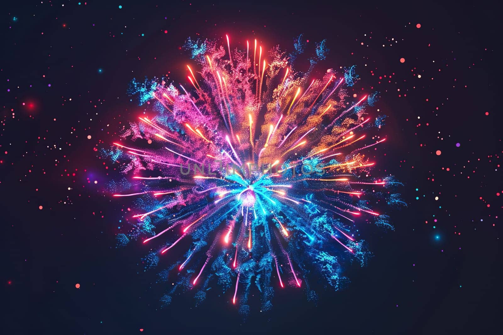Colorful festive fireworks isolated on black background. Generated by artificial intelligence by Vovmar