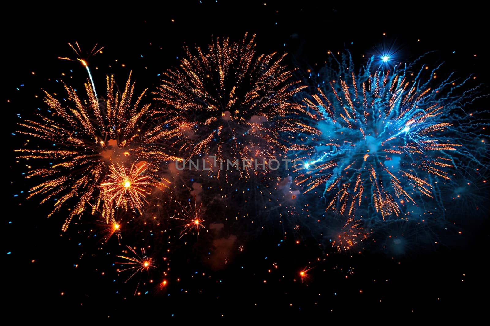Three powerful colorful fireworks in a cramped space. Horizontal holiday background. Generated by artificial intelligence by Vovmar