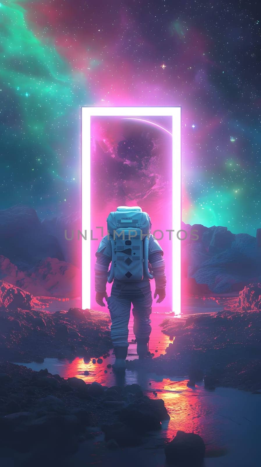 An astronaut is standing by a purple door in space by Nadtochiy