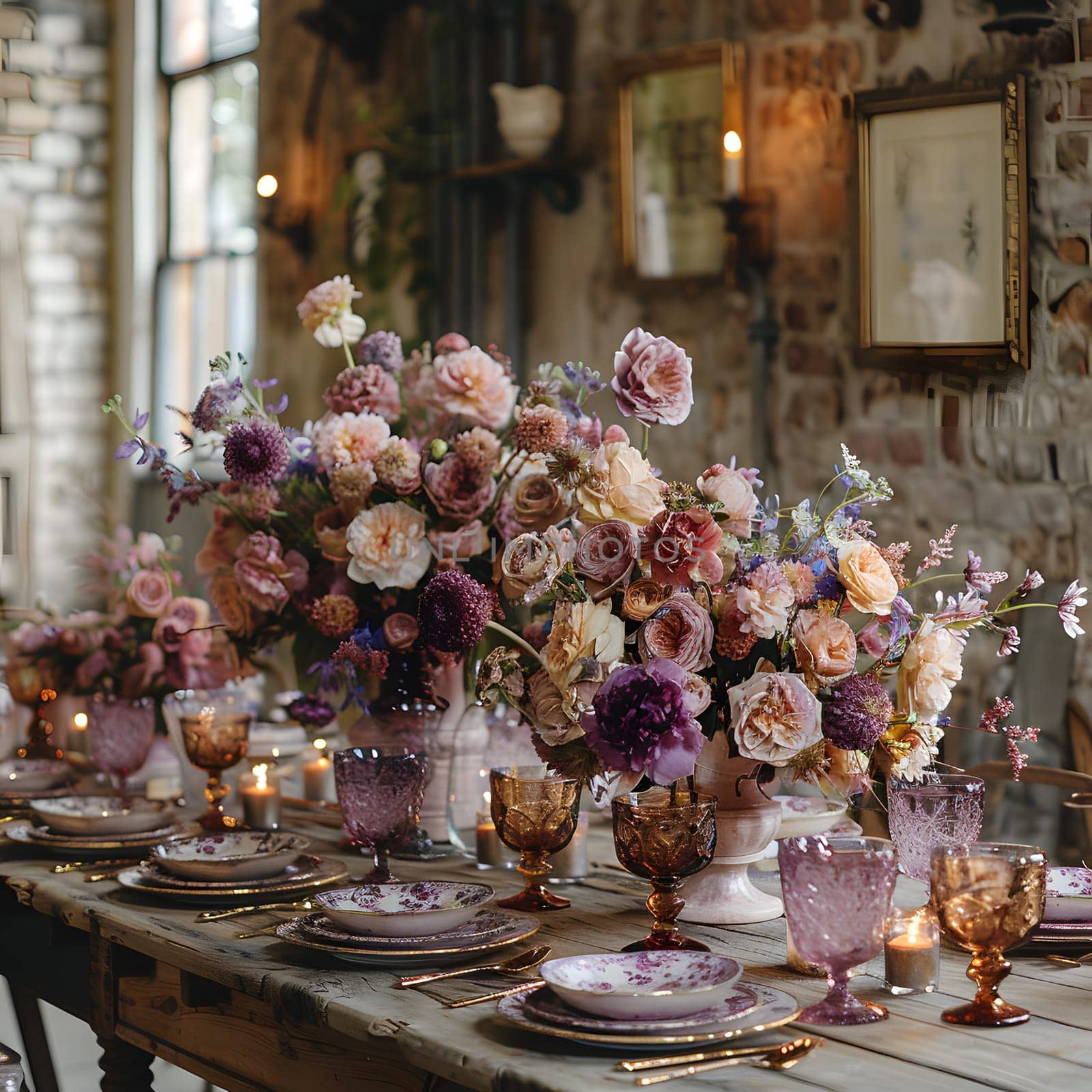The table is beautifully set with purple vases of flowers, matching plates, and glasses. The violet petals create a stunning centerpiece