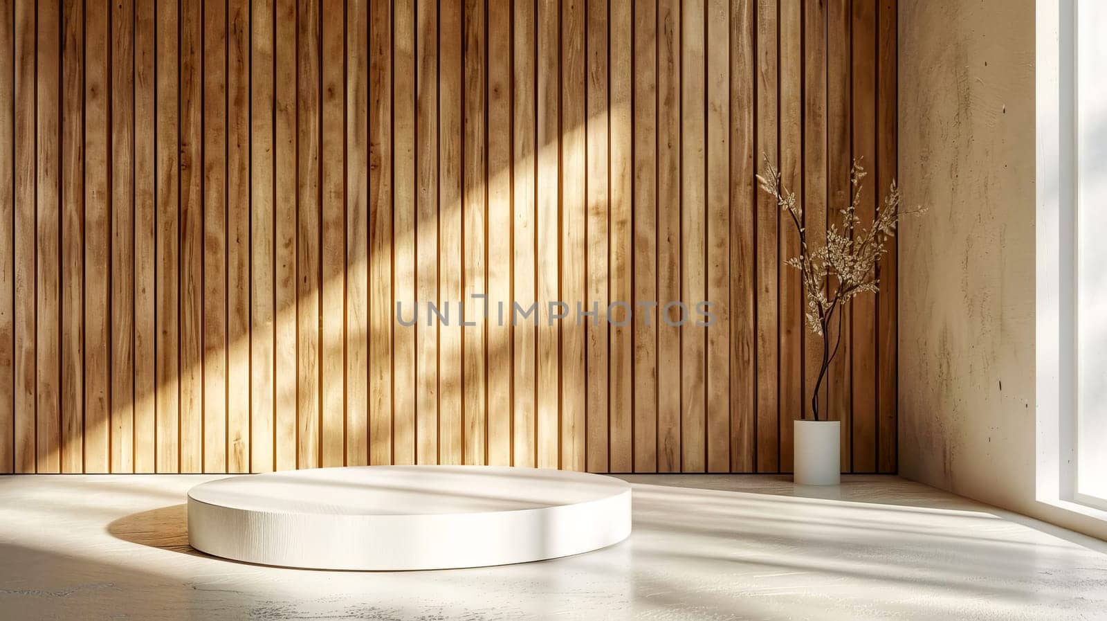 Natural wood grain panels combined with a white cylindrical podium, suitable for displaying products. AI generated.
