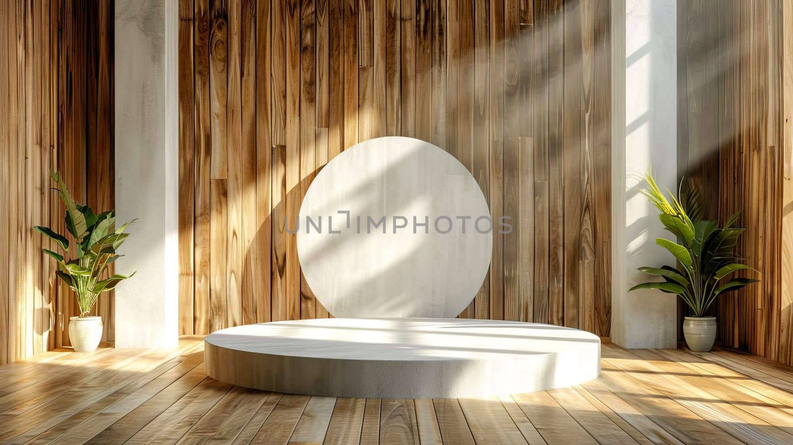 Natural wood grain panels combined with a white cylindrical podium. by OlgaGubskaya