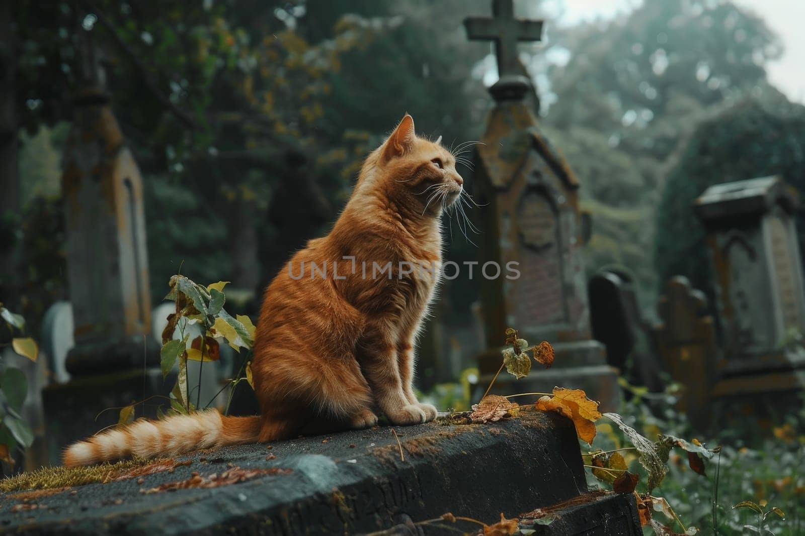 Cat in cemetery, A cat sitting next to a grave in a cemetery, In remembrance of a pet by nijieimu