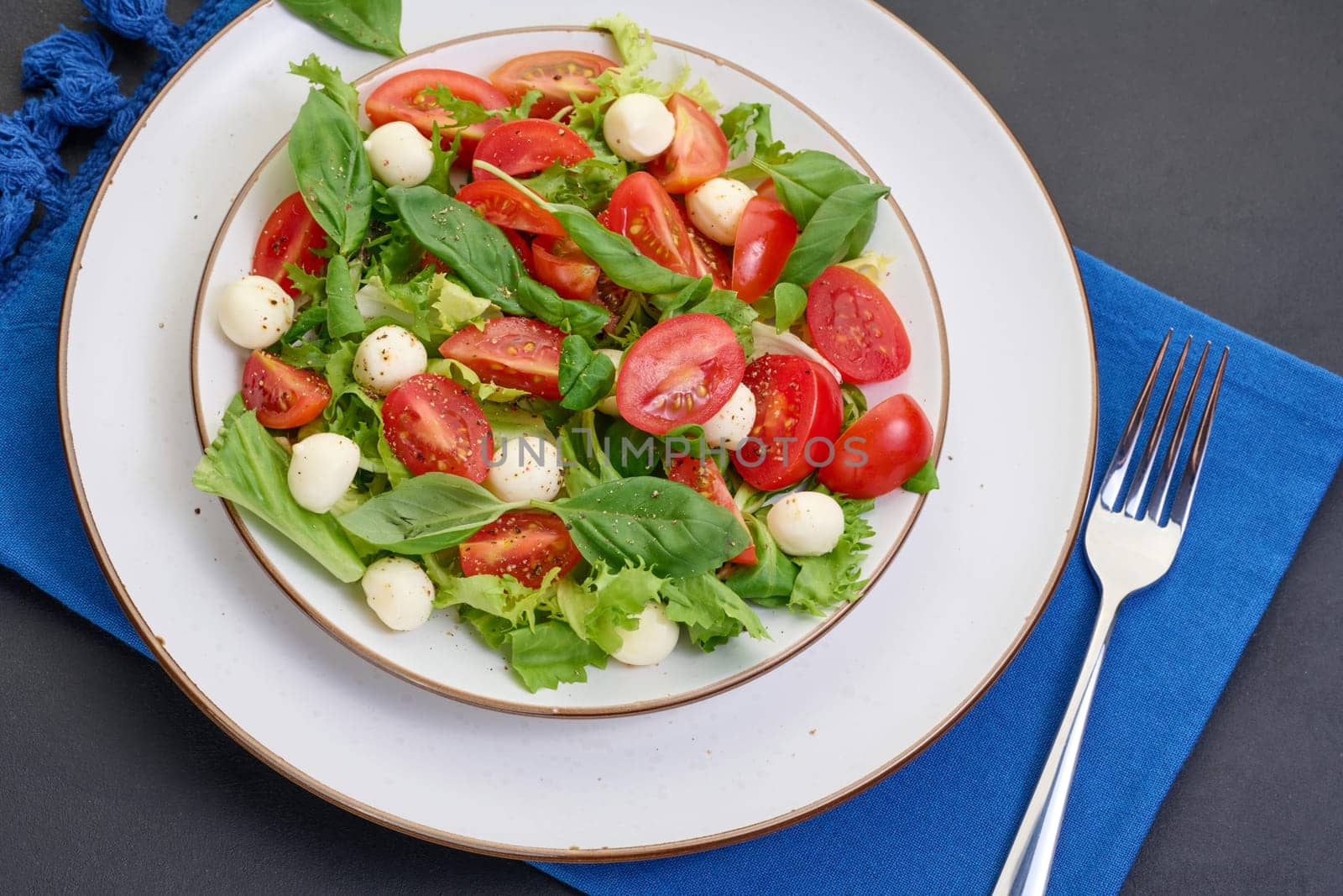 Salad with mozzarella, cherry tomatoes and green lettuce in a white round plate, top view