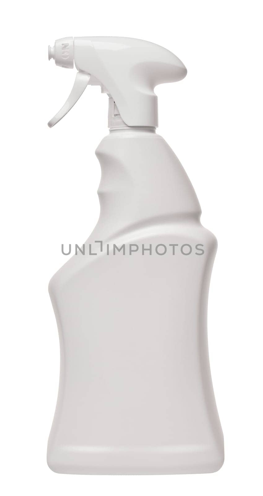 White plastic bottle with spray on an isolated background, container for household chemicals by ndanko