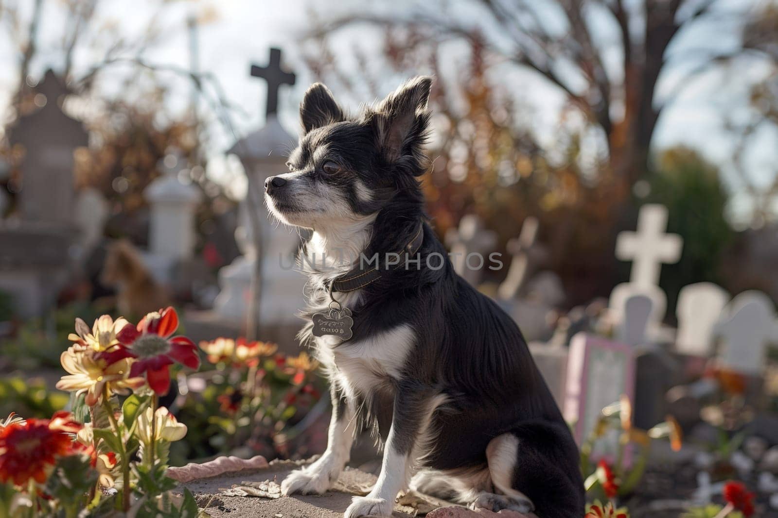 A dog in cemetery, A dog sitting next to a grave in a cemetery, In remembrance of a pet by nijieimu