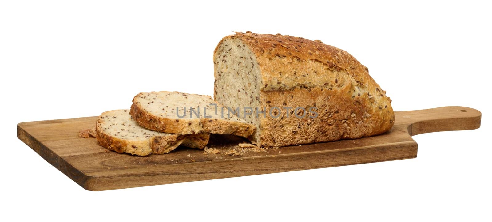 Sliced ​​white wheat flour bread with flax seeds on a wooden board, isolated background by ndanko