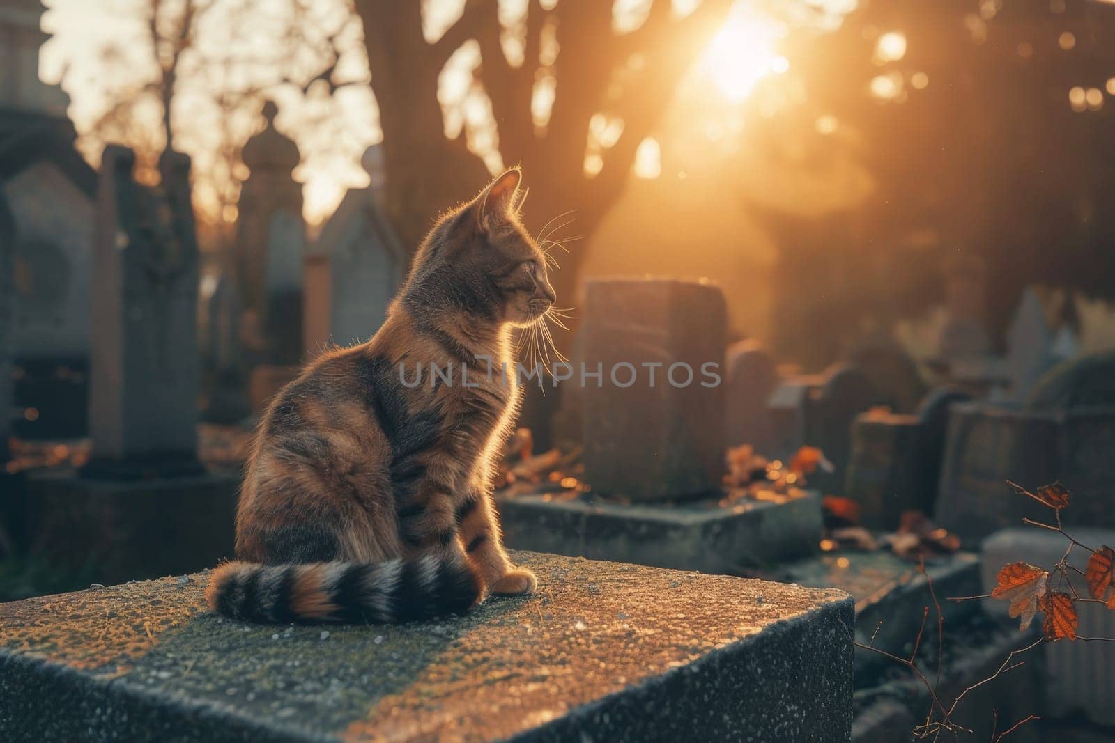 Cat in cemetery, A cat sitting next to a grave in a cemetery, In remembrance of a pet.