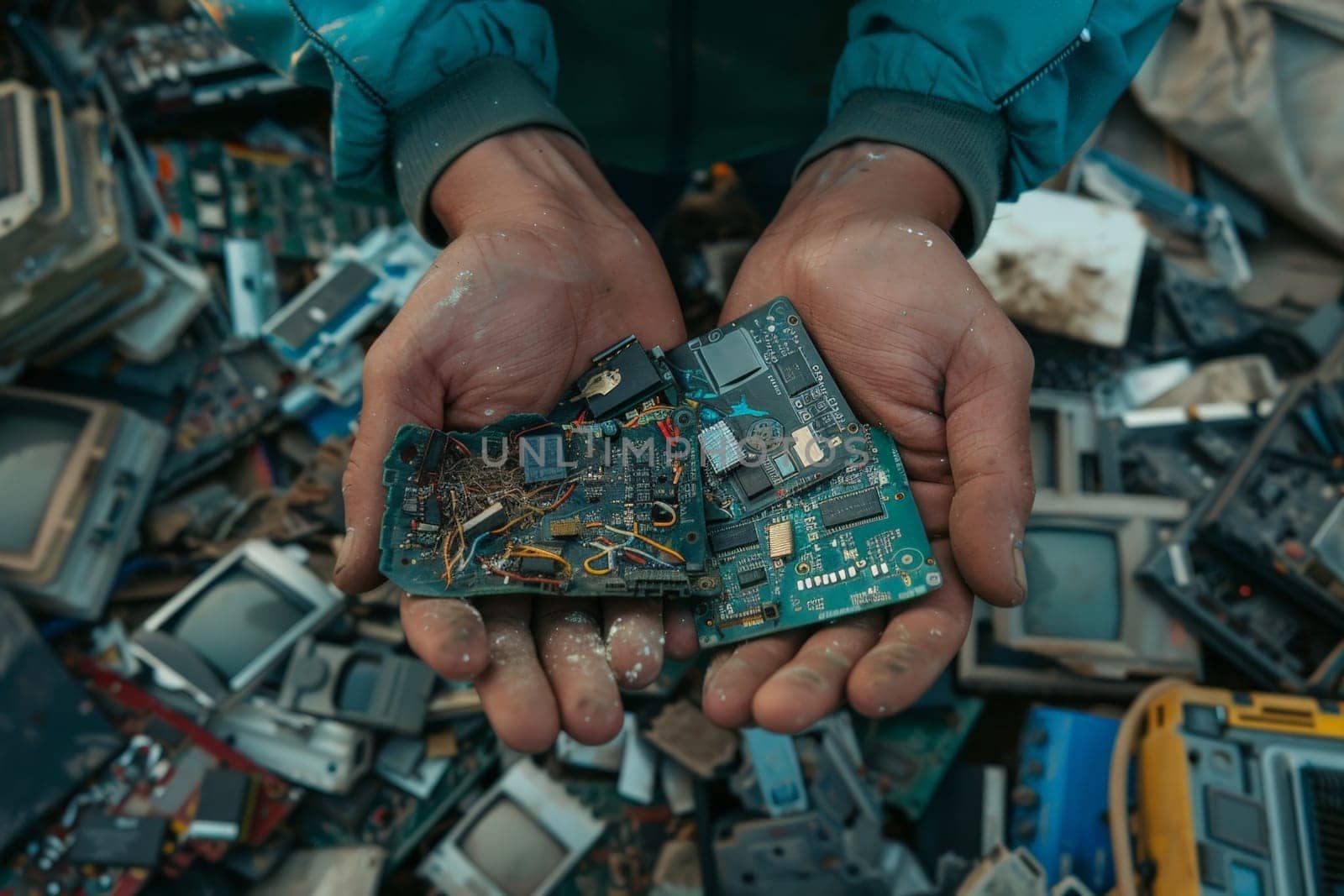 Electronic waste, Waste from electronic or industrial boards in hands.