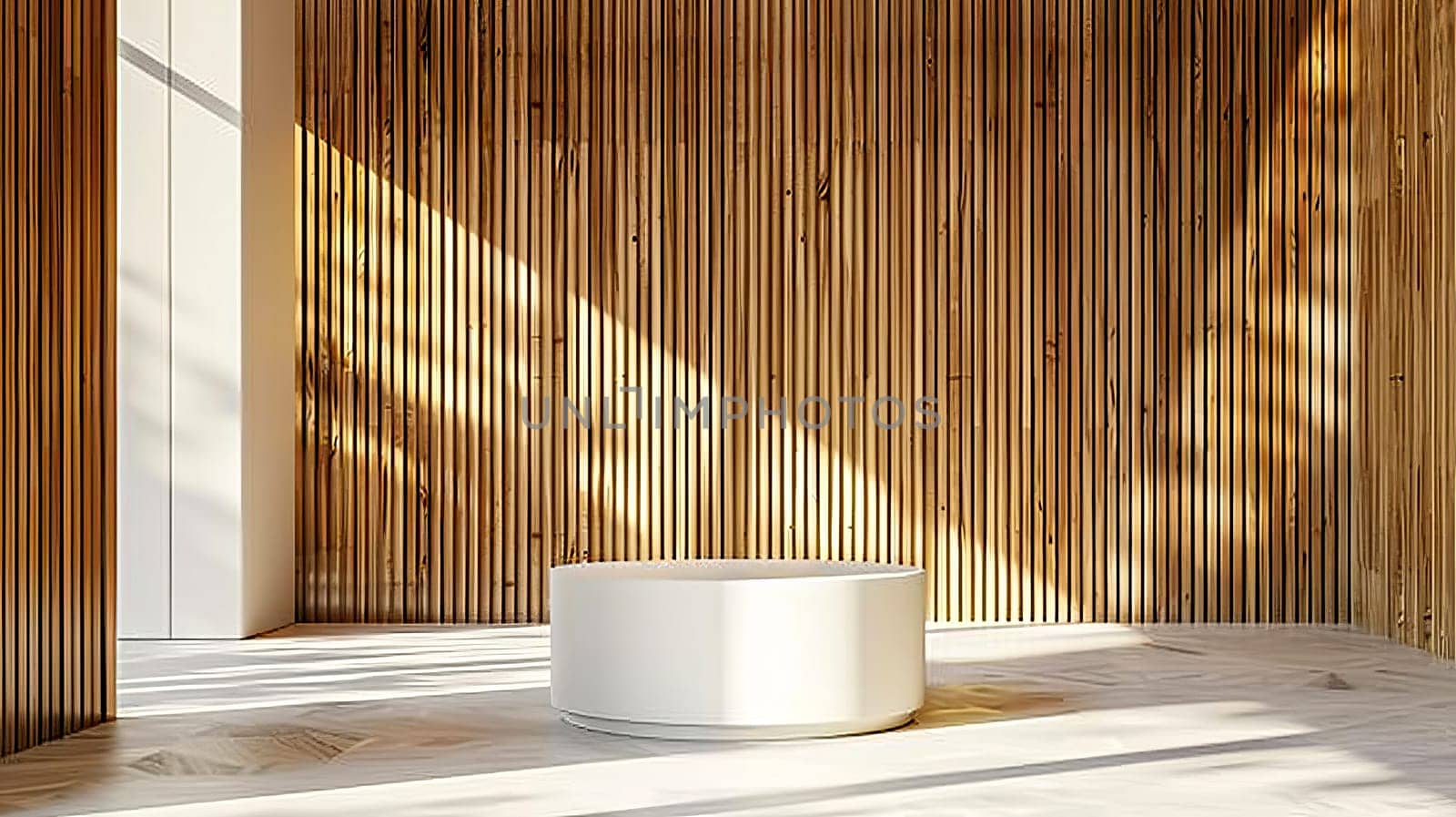 Natural wood grain panels combined with a white cylindrical podium, suitable for displaying products. AI generated.