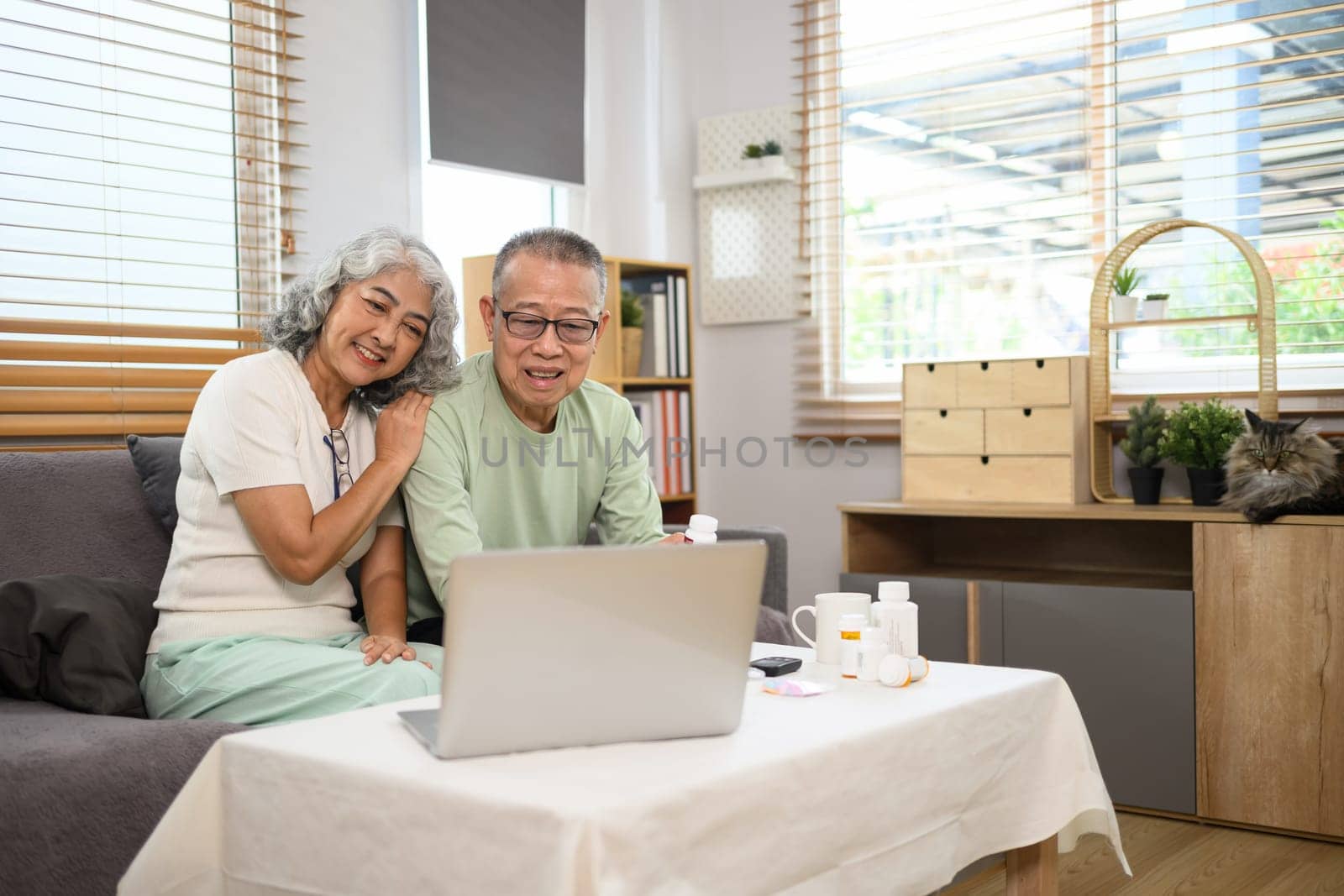 Happy senior spouses having online consultation with doctor on laptop. Telemedicine concept by prathanchorruangsak