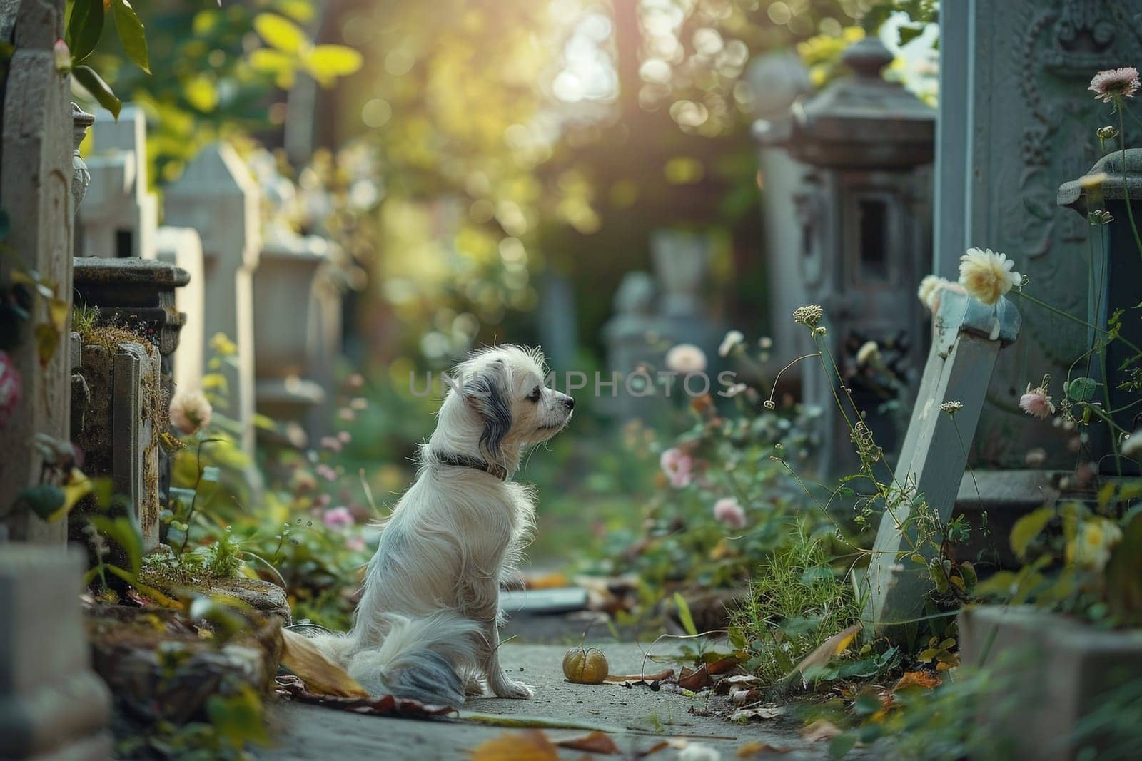 A dog in cemetery, A dog sitting next to a grave in a cemetery, In remembrance of a pet.