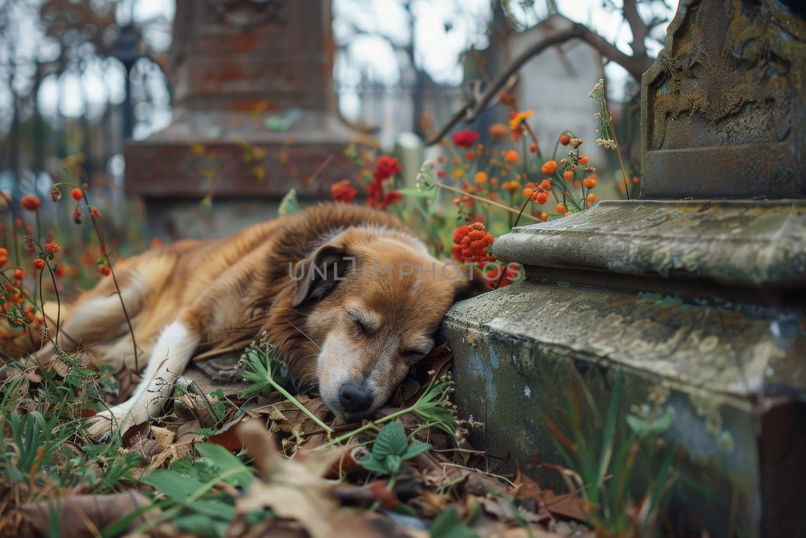 A Dog in cemetery, A dog lies next to a grave in a cemetery, In remembrance of a pet.