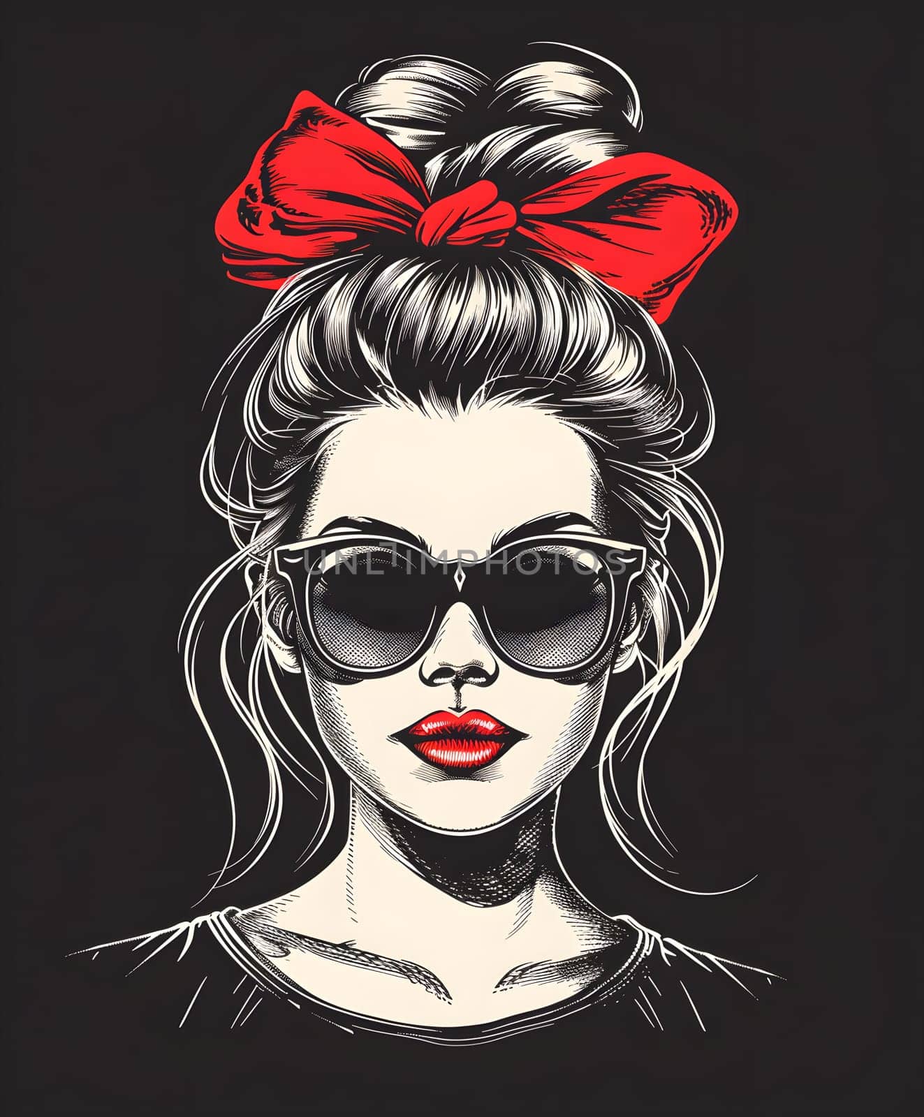 The woman stylishly donned sunglasses, with a vibrant red bow adorning her hair. Her chic look was reminiscent of a painting, with attention drawn to her head and vision care