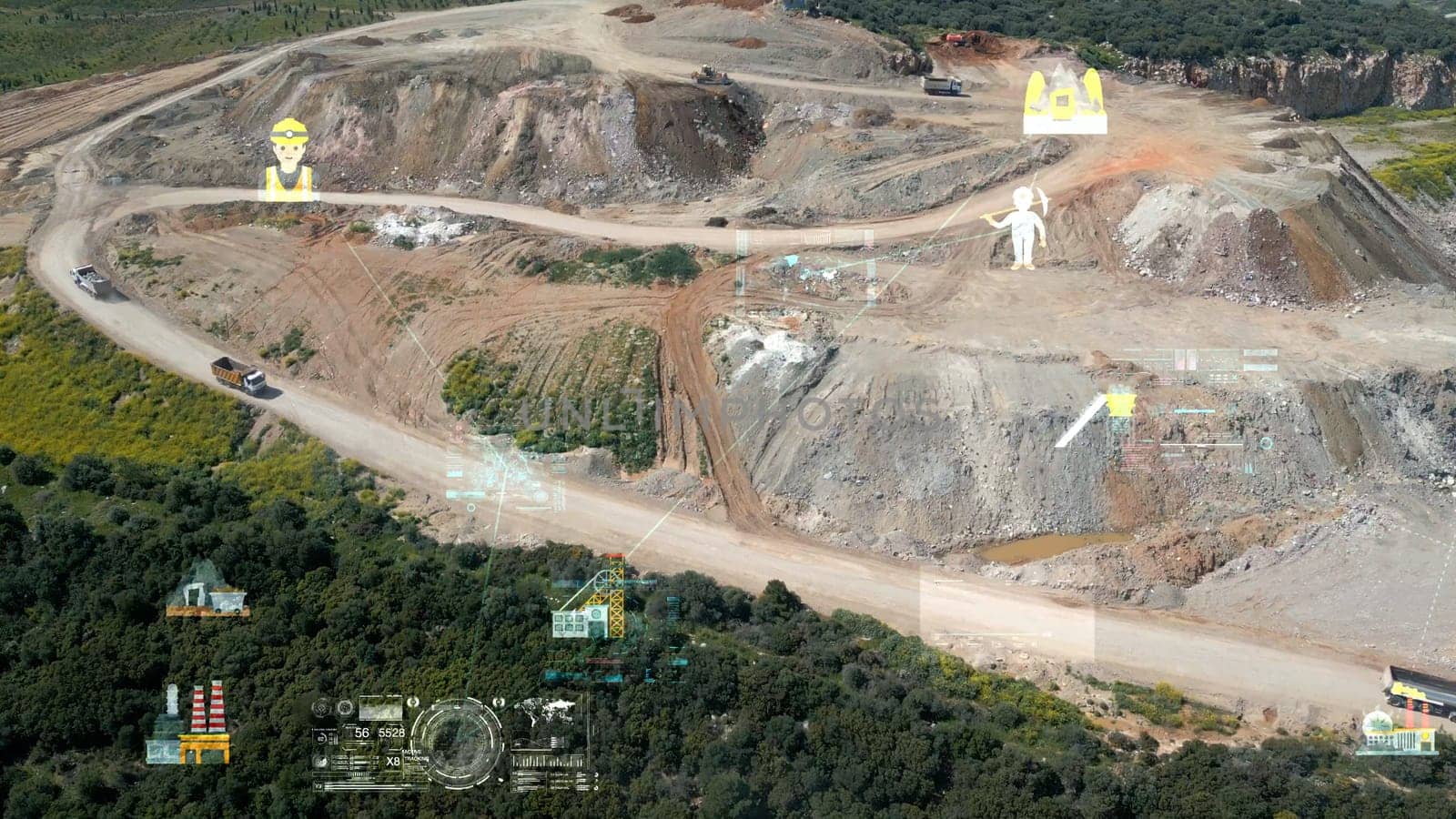 aerial view shot mining, dumpers, quarrying extractive industry stripping work. Big Mining Trucks. View from drone at opencast mining with lots of machinery trucks. High quality photo